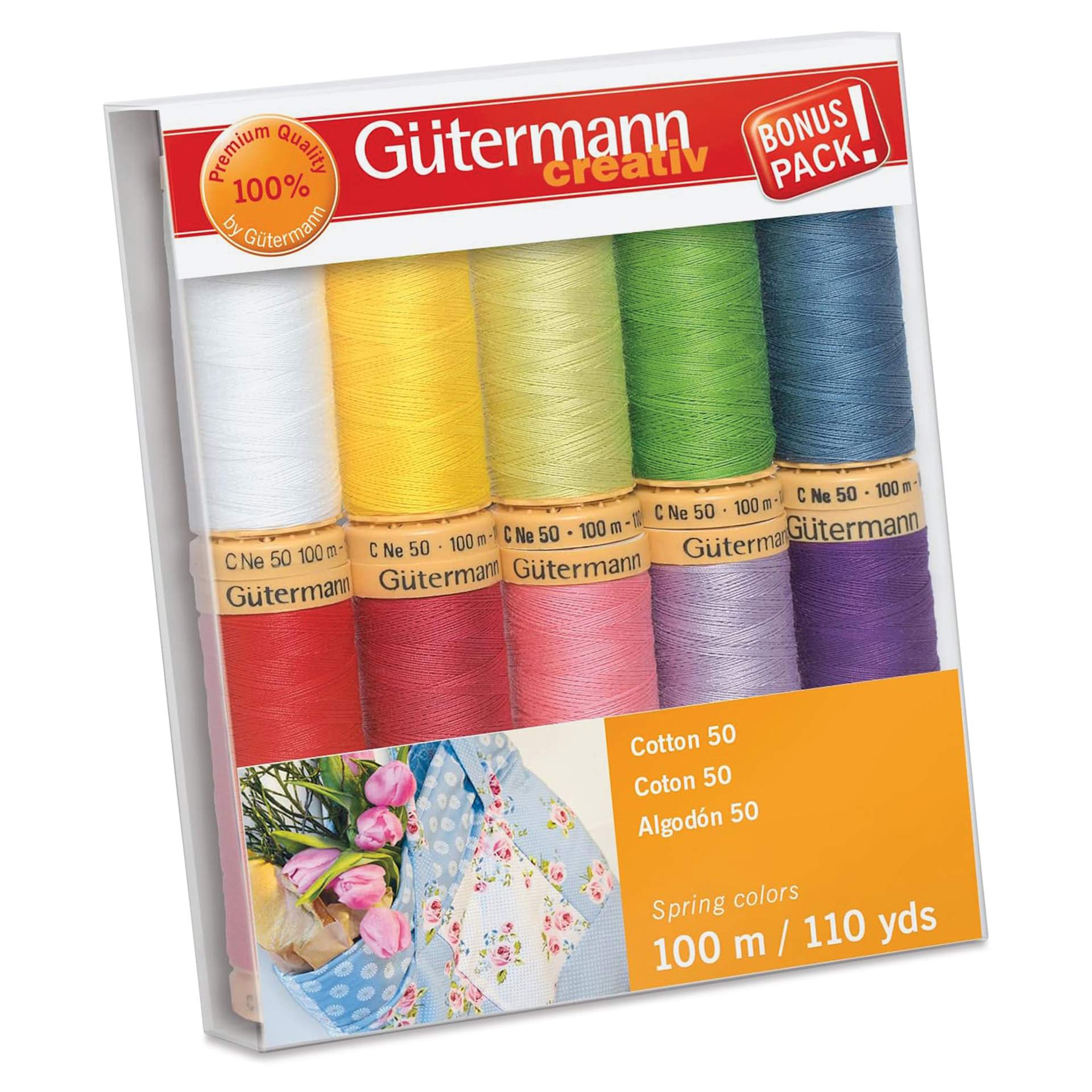 Gutermann Natural Cotton 50 Sewing Thread - Set of 10, Spring Shades, 109 yds front of packaging
