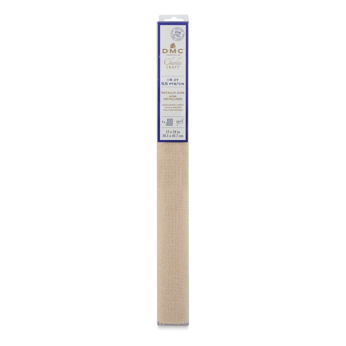 DMC Charles Craft Aida Fabric - Metallic Gold, 15" x 18" (Front of packaging)