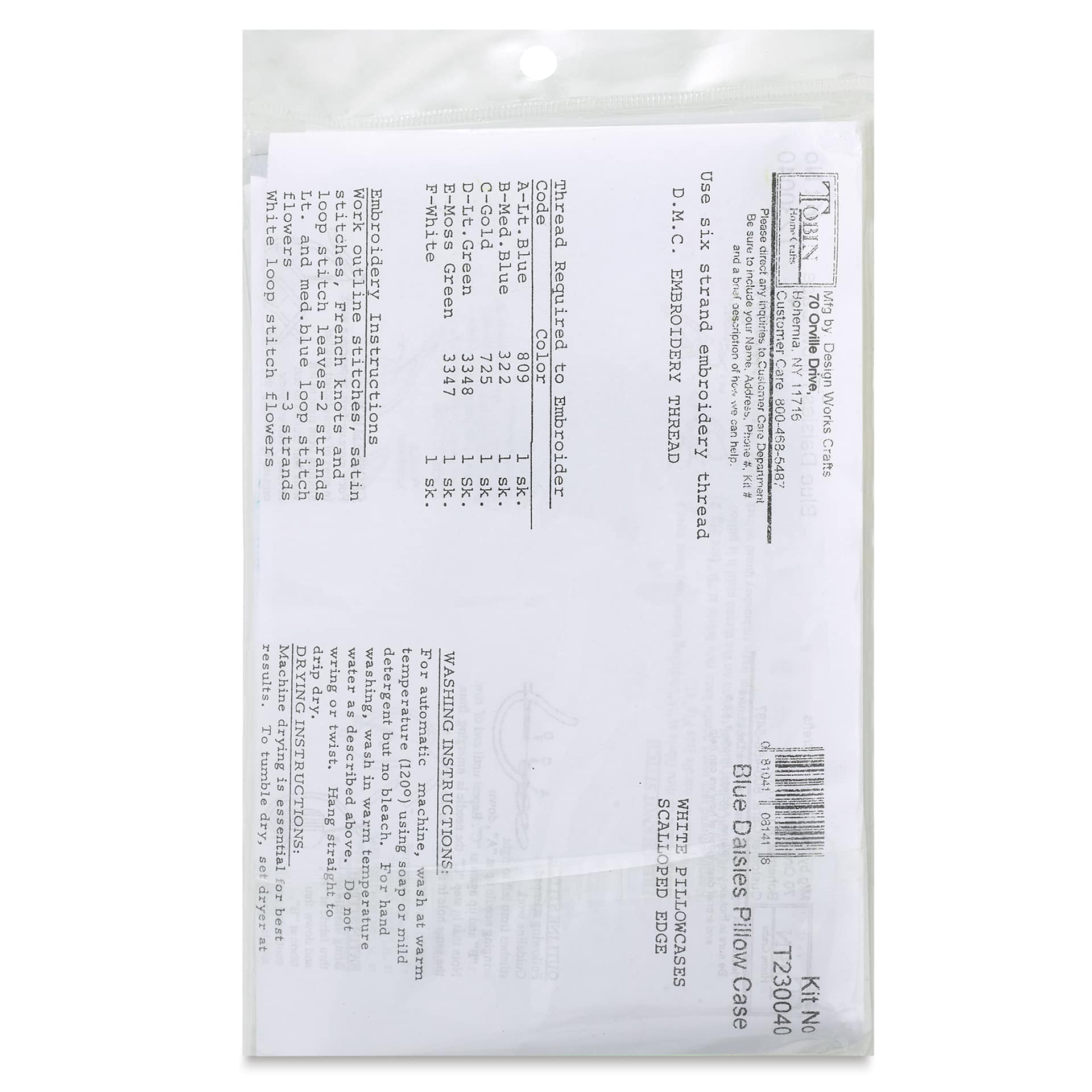 Design Works Stamped For Embroidery Pillowcase - Blue Daisies, Pkg of 2, back of the packaging