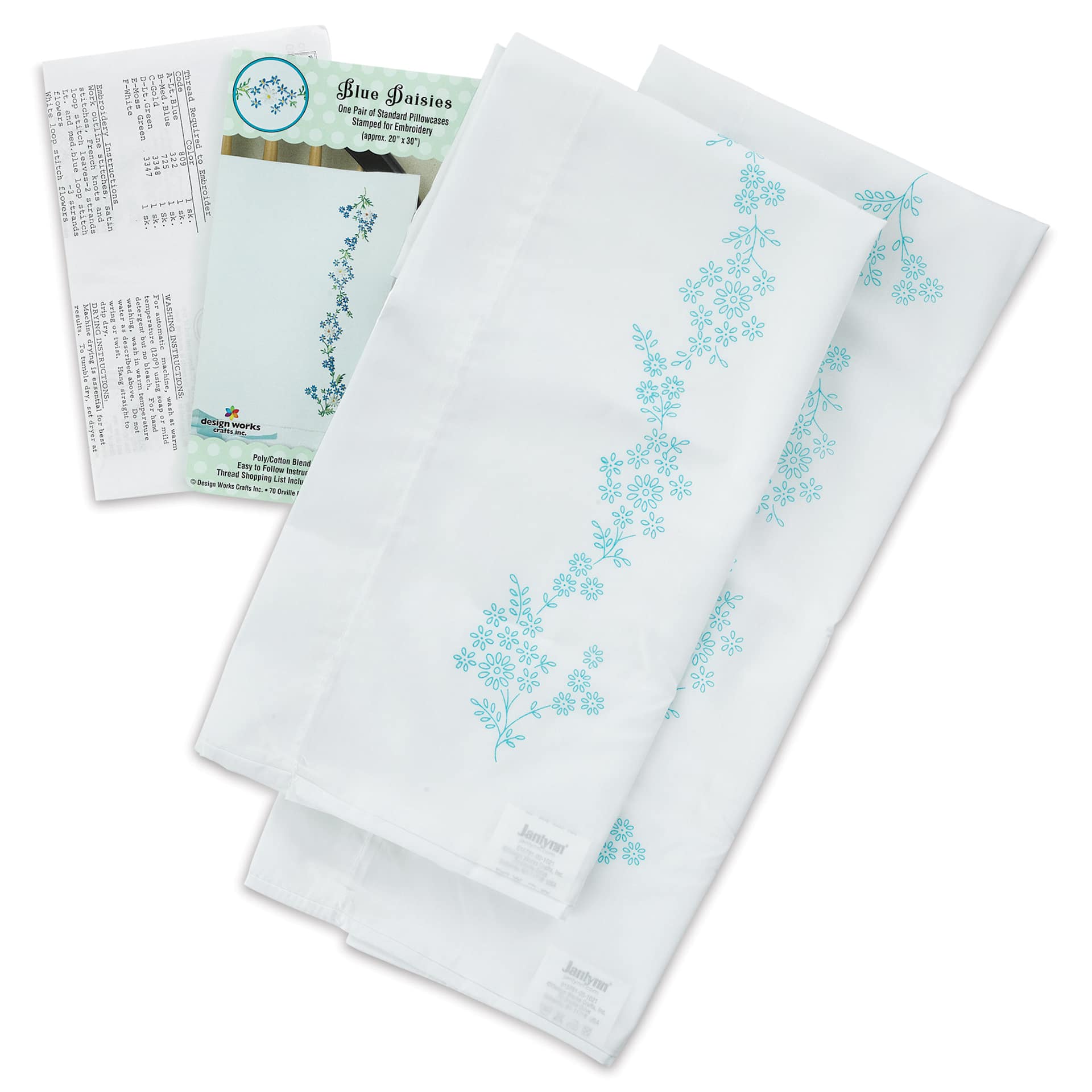 Design Works Stamped For Embroidery Pillowcase - Blue Daisies, Pkg of 2, contents laid out