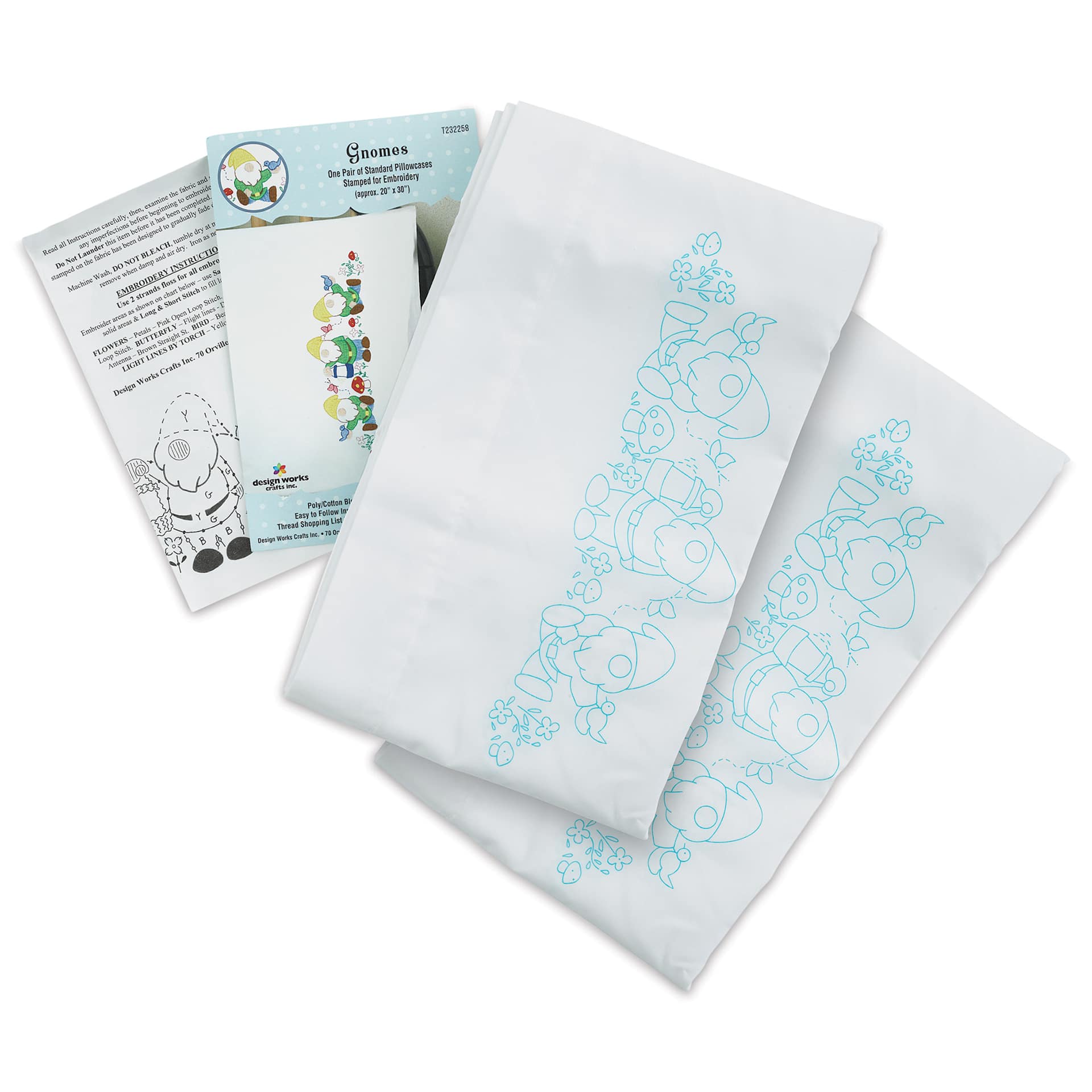 Design Works Stamped For Embroidery Pillowcase - Gnomes, Pkg of 2, contents laid out