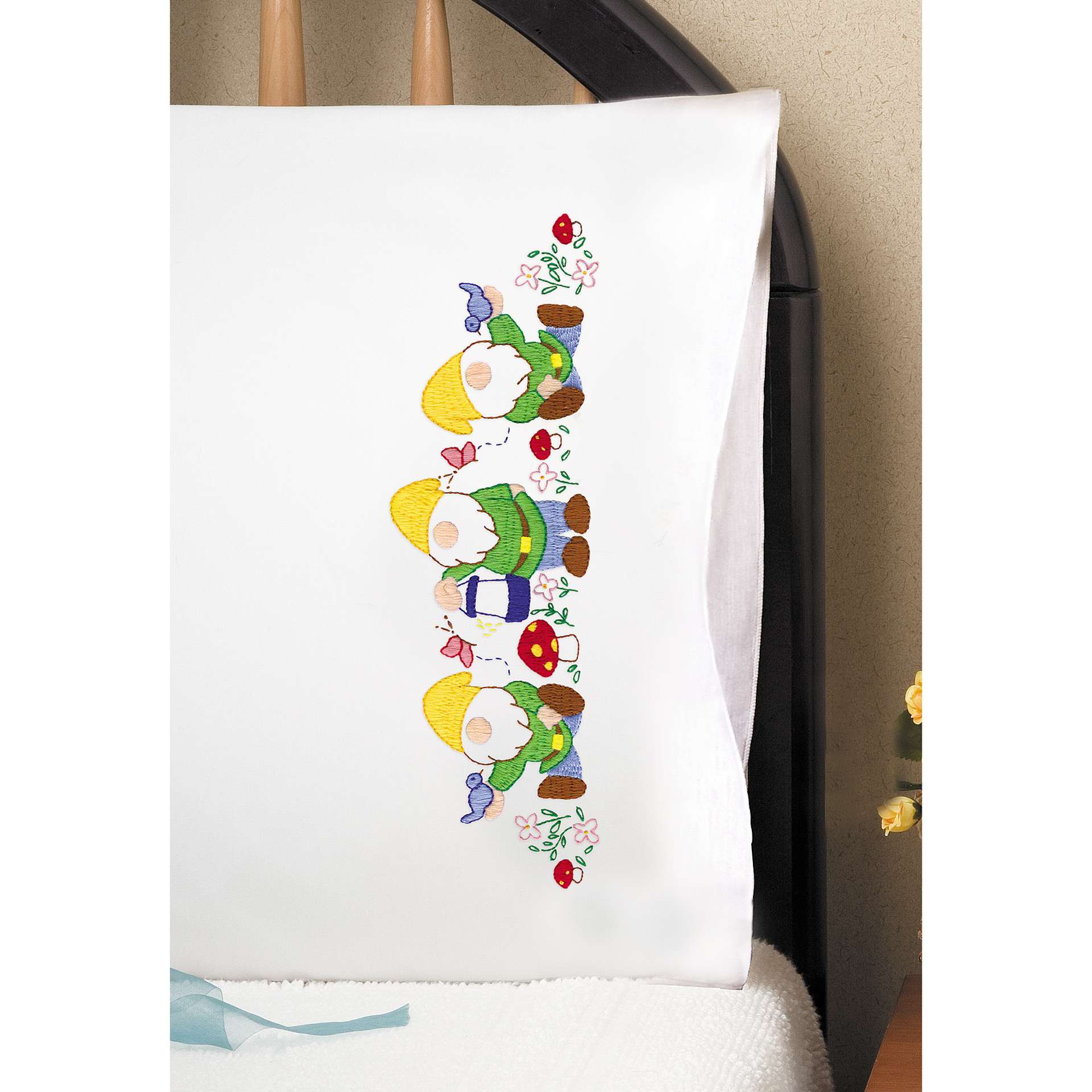 Design Works Stamped For Embroidery Pillowcase - Gnomes, sample of finished embroidery