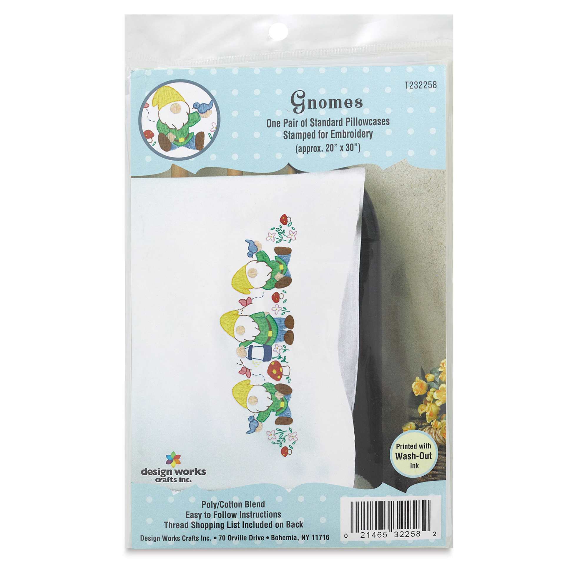 Design Works Stamped For Embroidery Pillowcase - Gnomes, Pkg of 2, front of the packaging