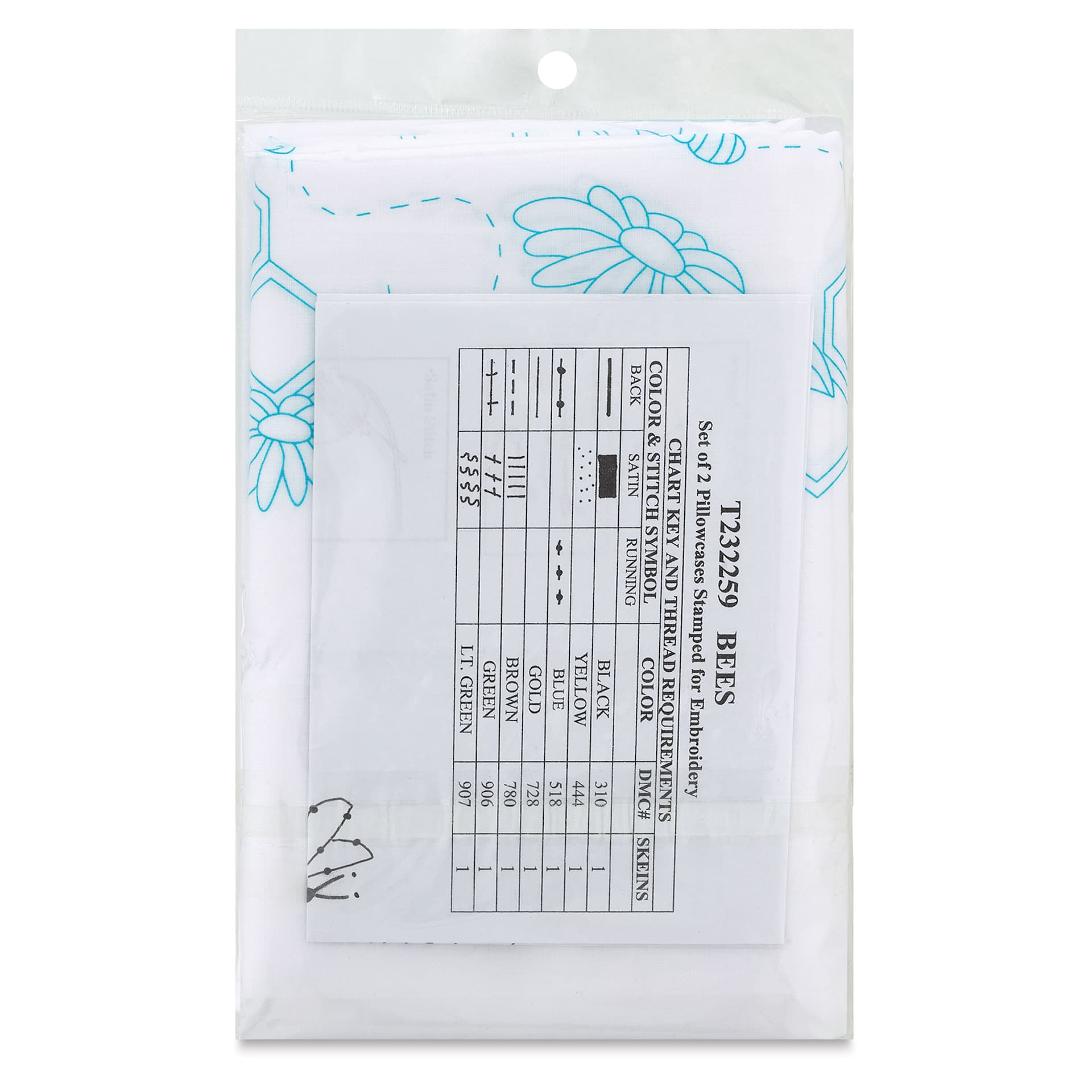 Design Works Stamped For Embroidery Pillowcase - Bees, Pkg of 2, back of the packaging