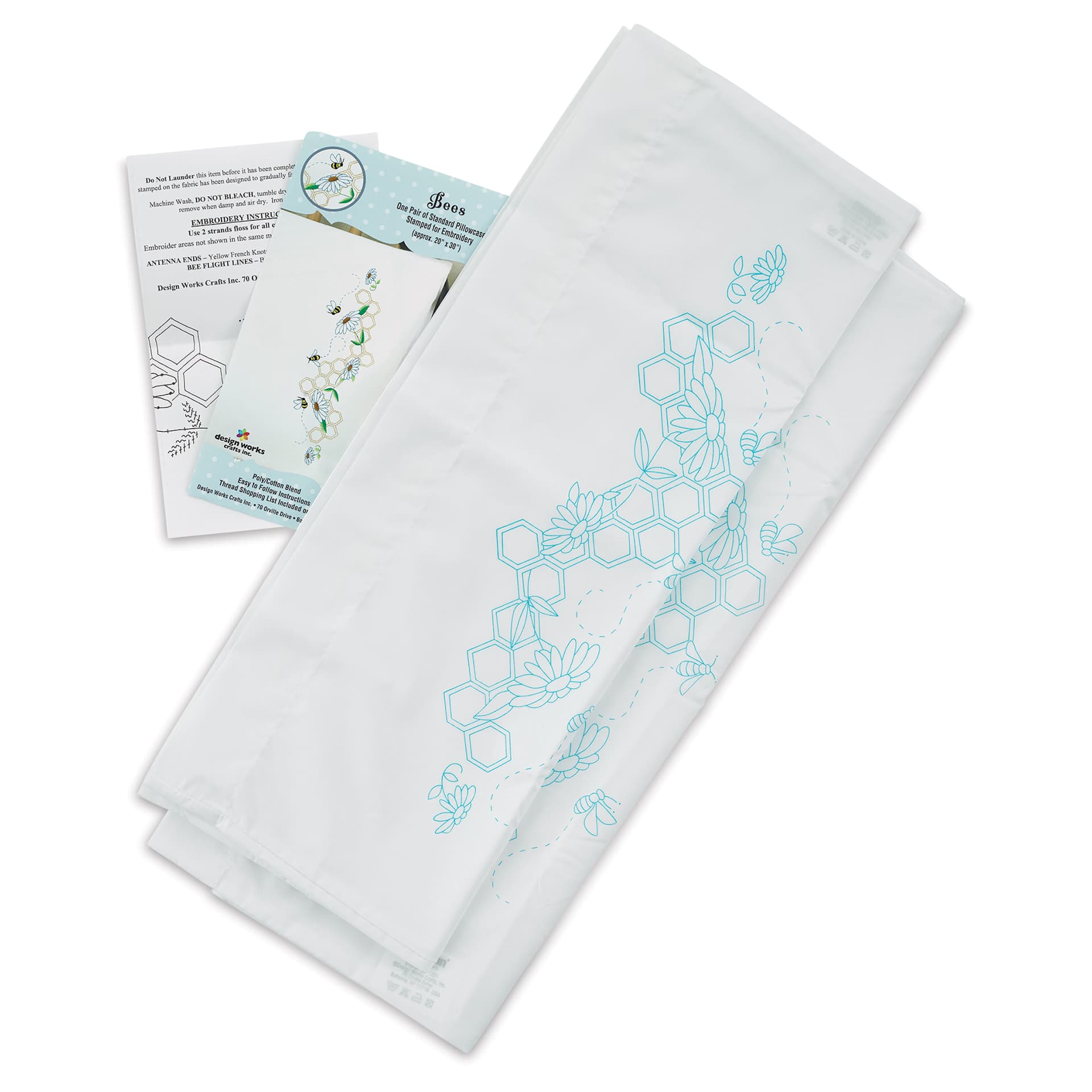 Design Works Stamped For Embroidery Pillowcase - Bees, Pkg of 2, contents laid out