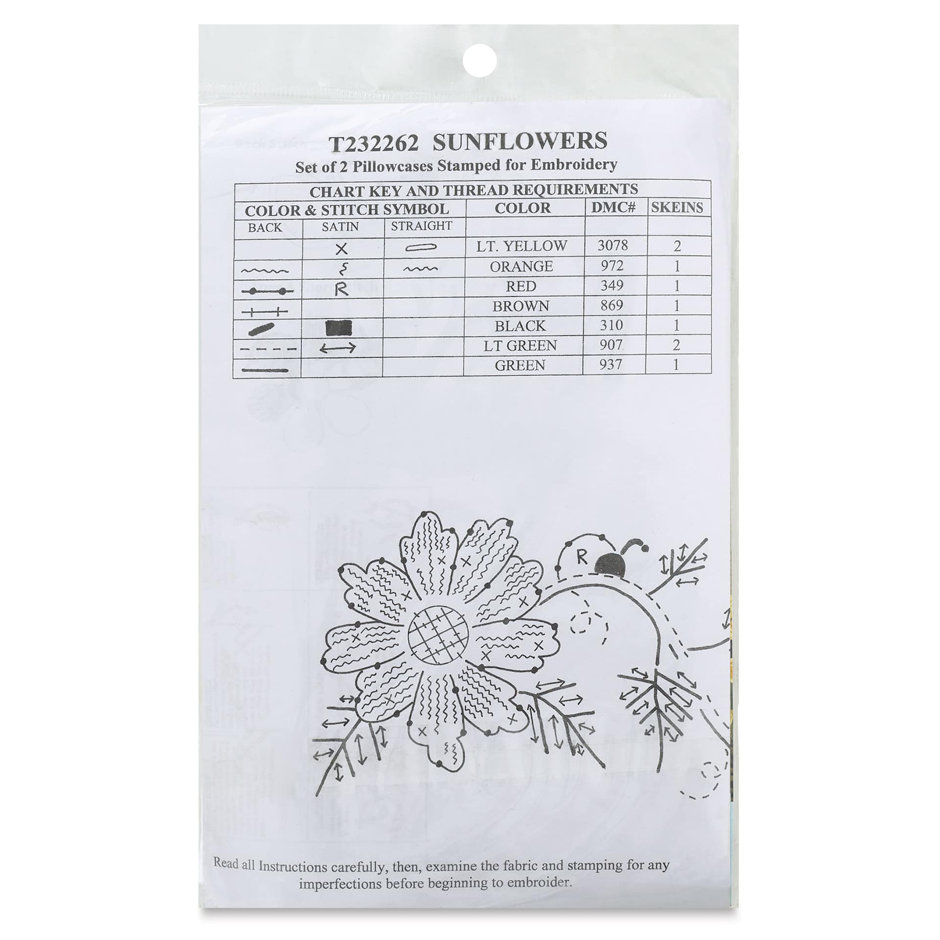 Design Works Stamped For Embroidery Pillowcase - Sunflowers, Pkg of 2, back of the packaging