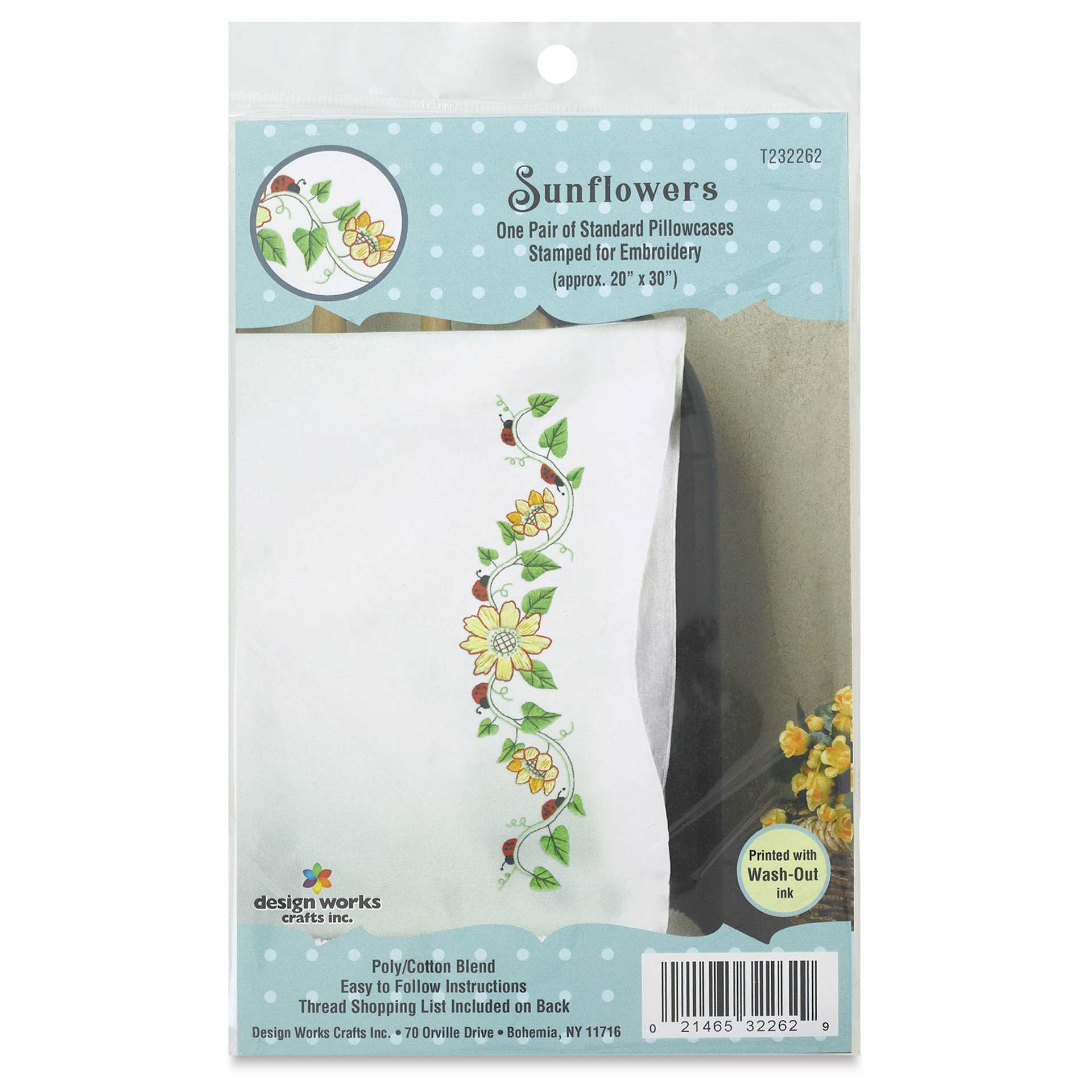 Design Works Stamped For Embroidery Pillowcase - Sunflowers, Pkg of 2, front of the packaging