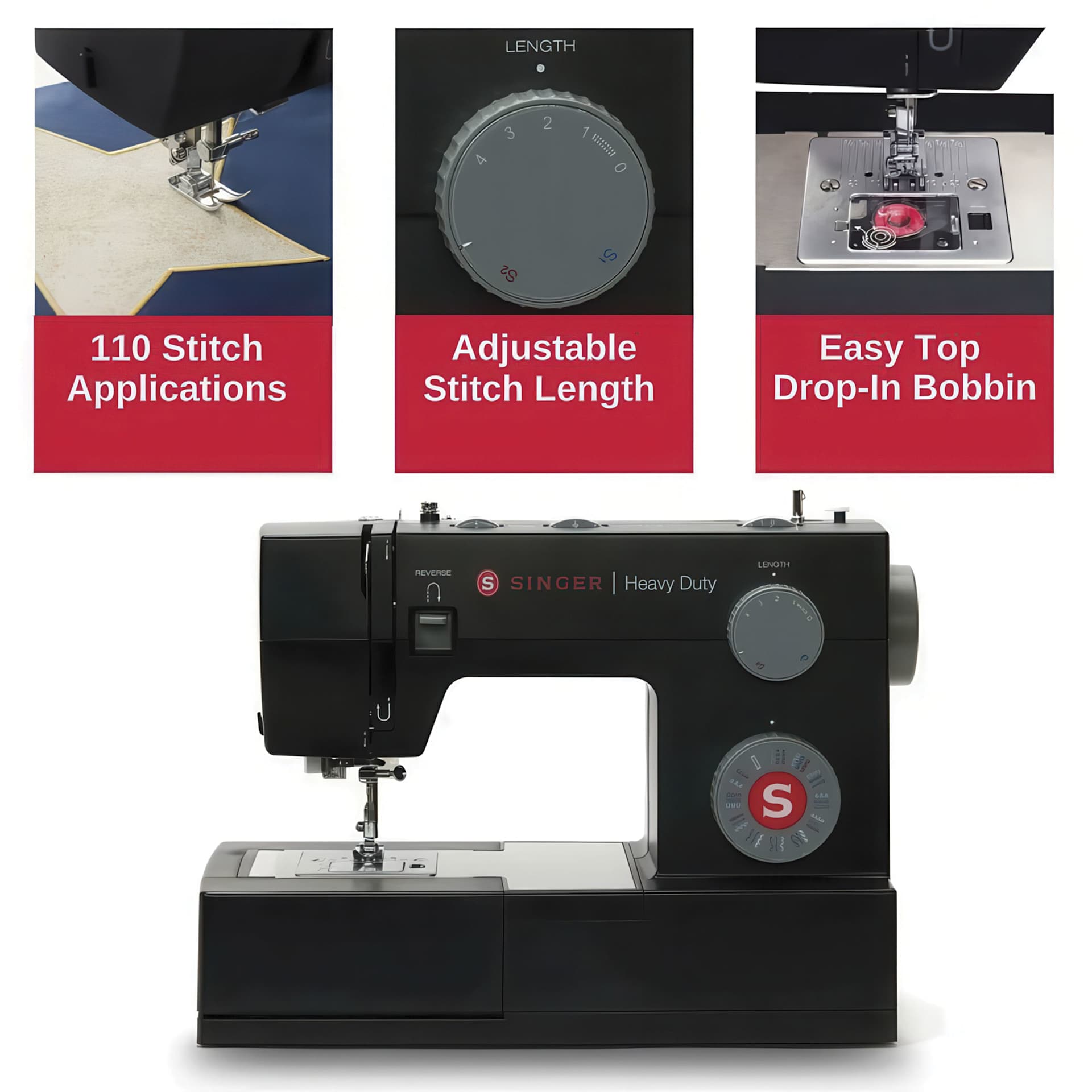 110 Stitch Applications, Adjustable Stitch Length, Easy Top Drop-In Bobbin