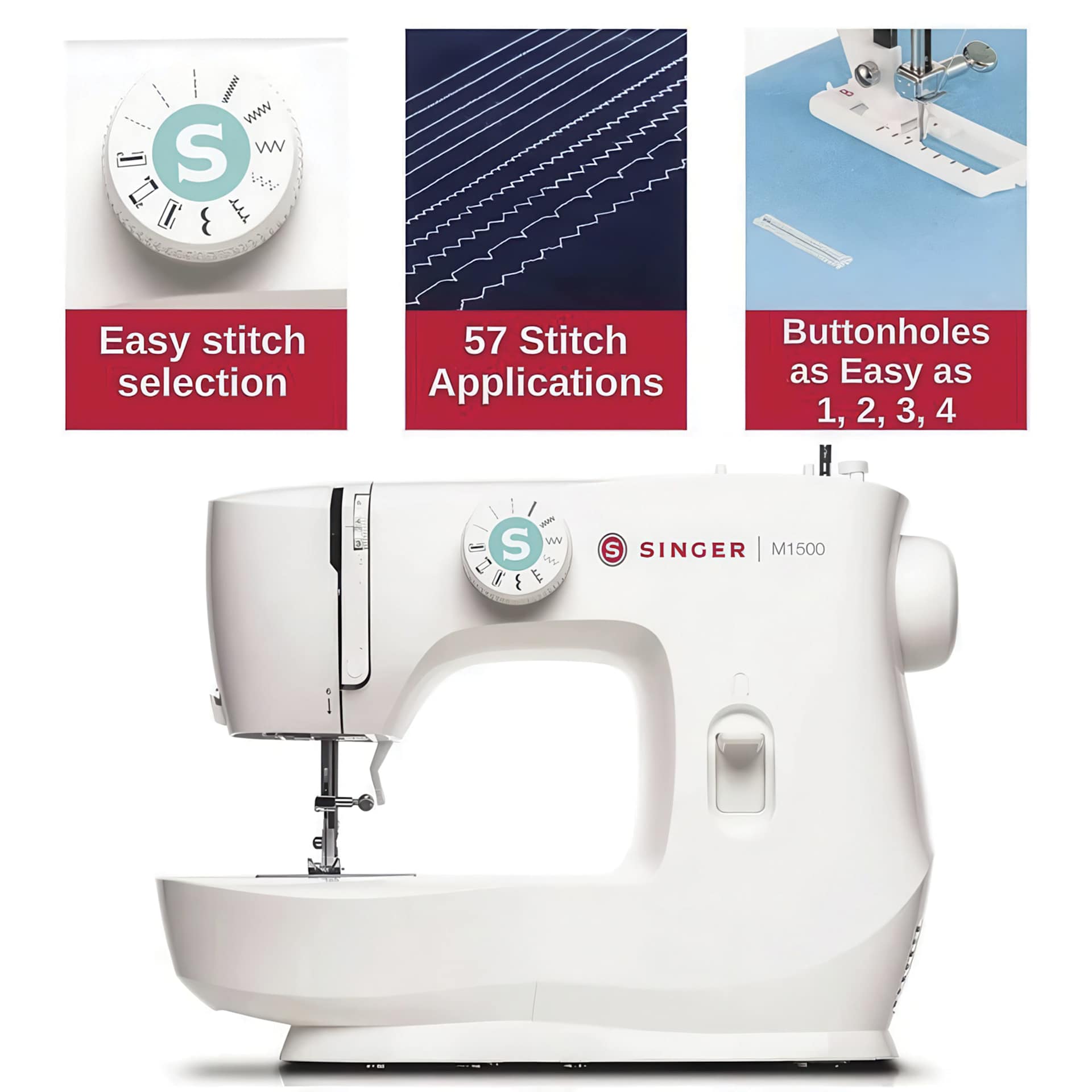 Easy Stitch Selection, 57 Stitch Applications, Buttonholes as easy as 1, 2, 3, 4