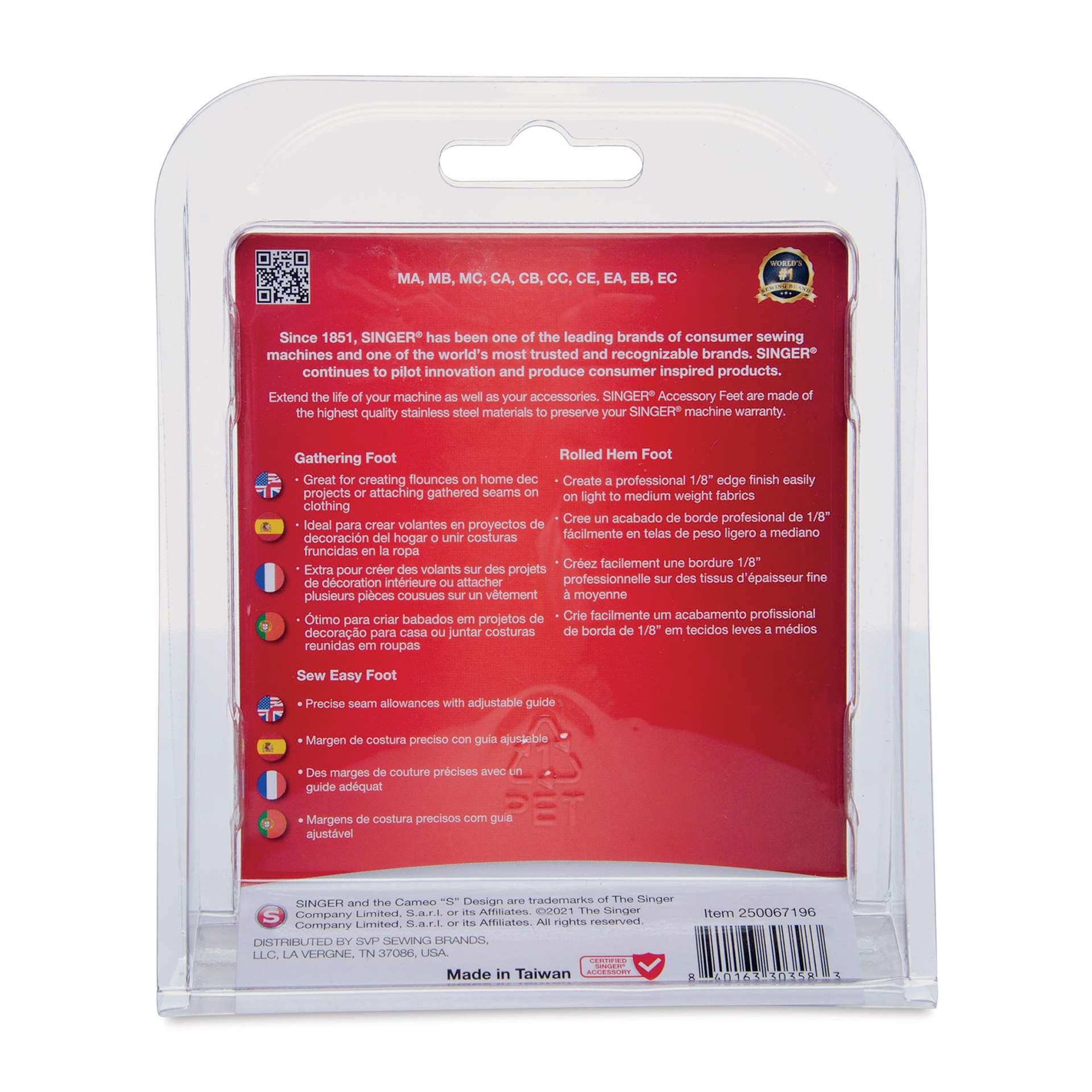 Singer Garment Sewing Presser Foot Kit, back of the packaging