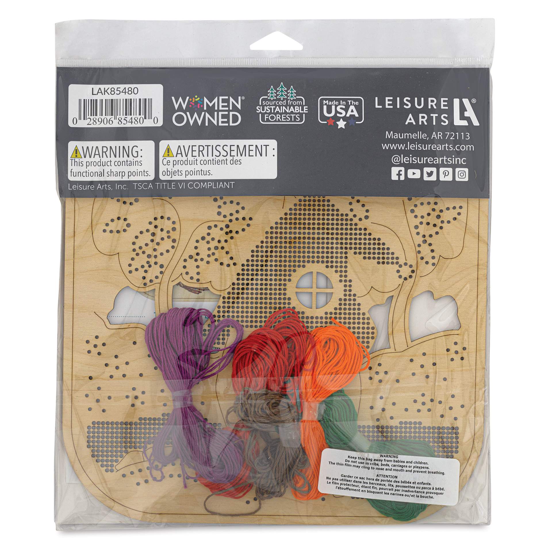 Leisure Arts Wood Stitchery Kit - Cottage, Square Panel - back of packaging