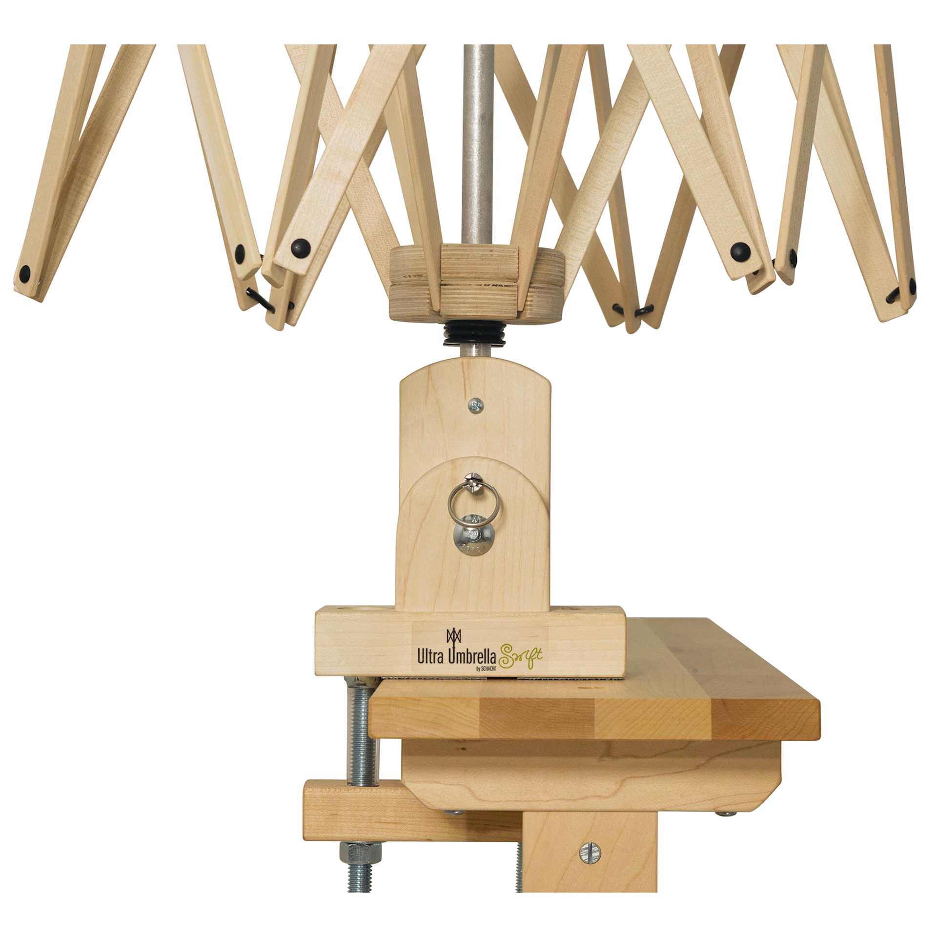 Schacht Ultra Umbrella Swift Yarn Winder, close up of the base showing clamp and pivoting system