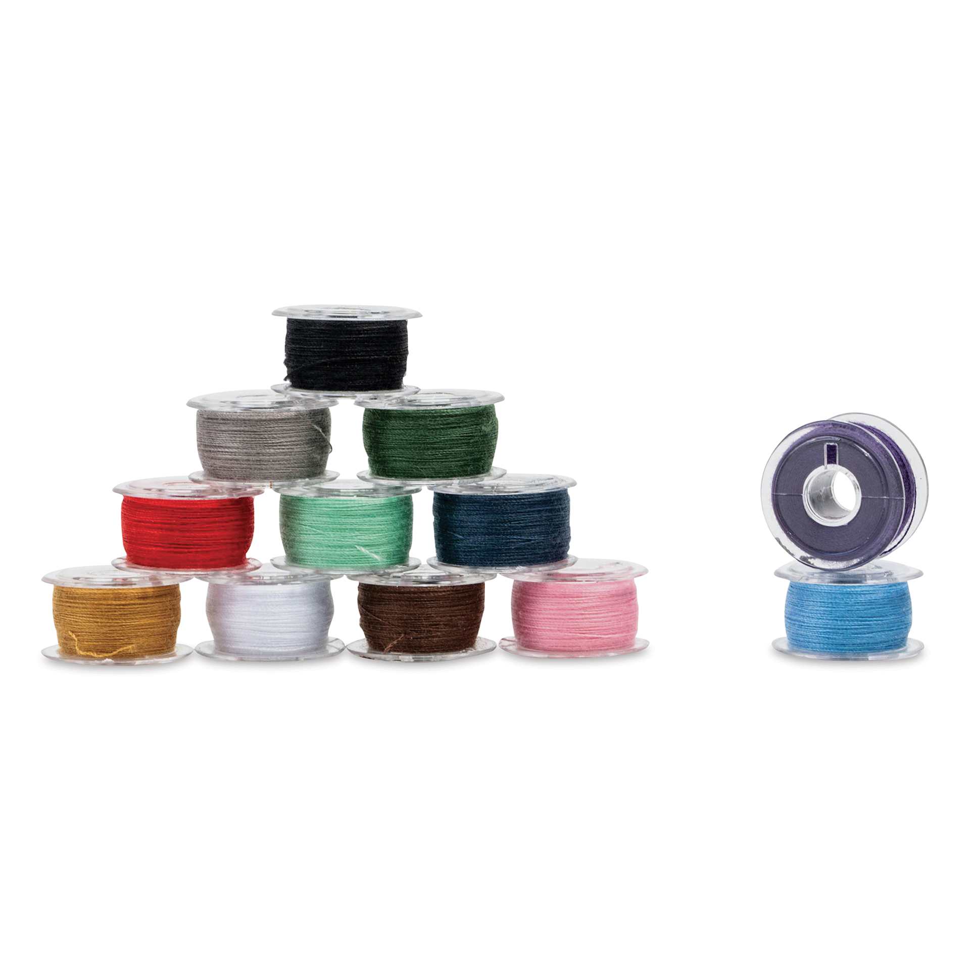 Singer Sewing Machine Bobbins - Class 15, Assorted Colors, Pkg of 12, threaded bobbins out of the case