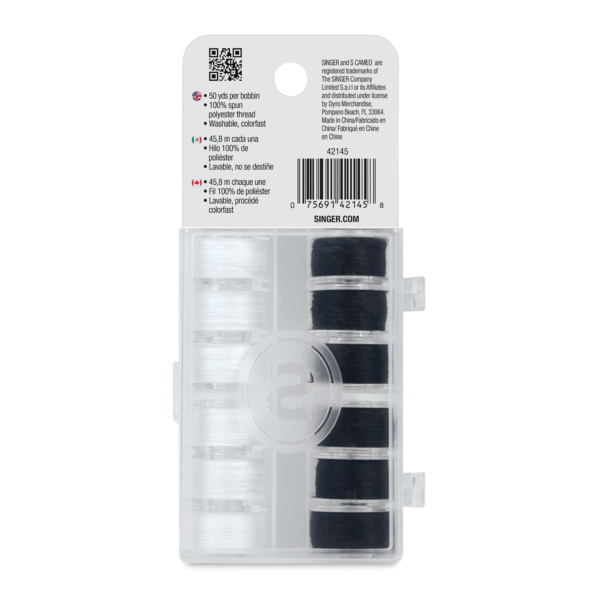 Singer Sewing Machine Bobbins - Class 15, Black / White, Pkg of 12, back of the packaging