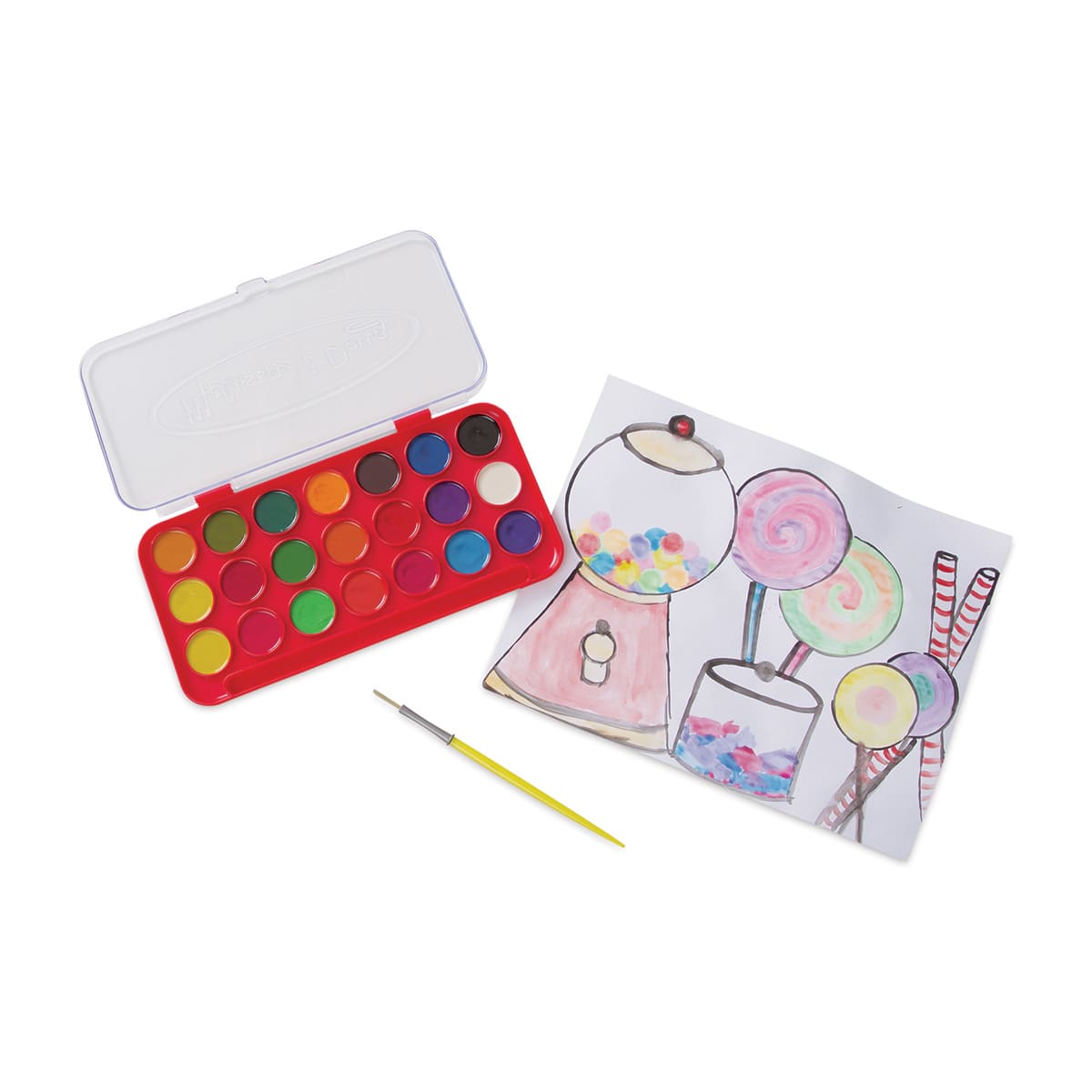 Melissa & Doug Deluxe Watercolor Pan Set - Set of 21, Vibrant Colors, Round (Paint pans and paint brush shown with sample artwork)