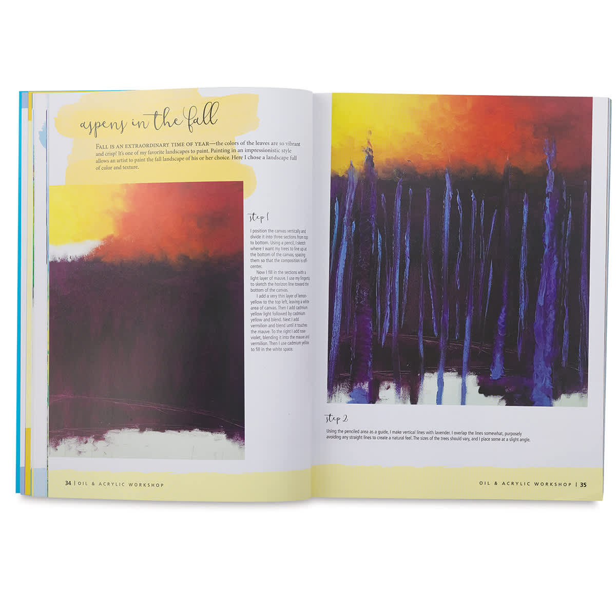 Oil and Acrylic Workshop - Spread showing painting of Aspens in Fall
