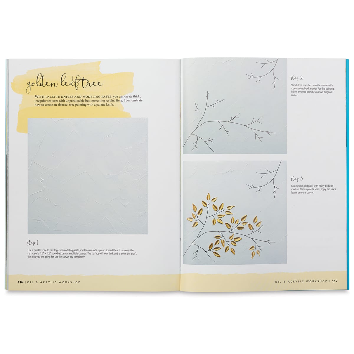 Oil and Acrylic Workshop - Spread illustrating painting leaves and branches
