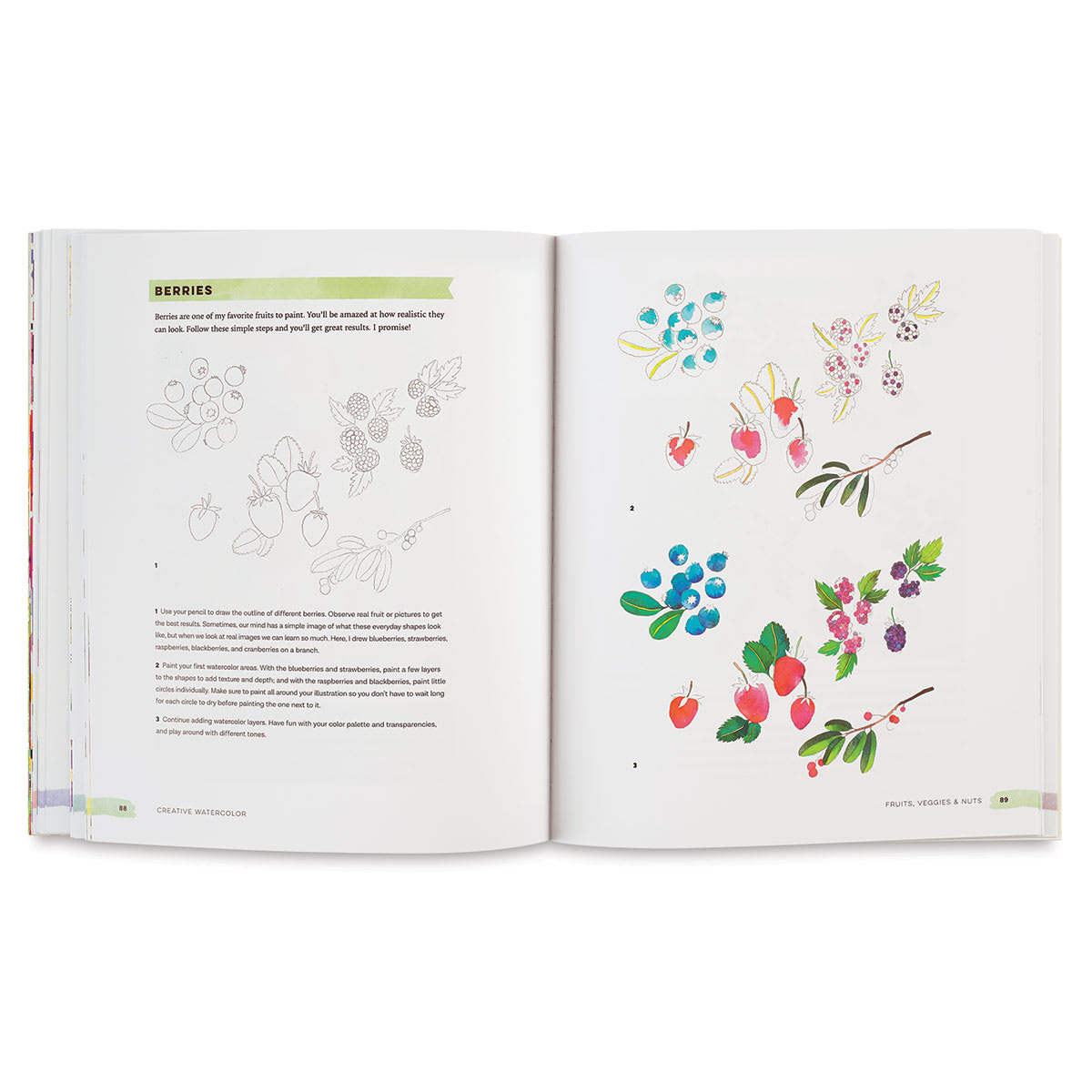 Creative Watercolor - Inside spread with instructions on painting various flowers
