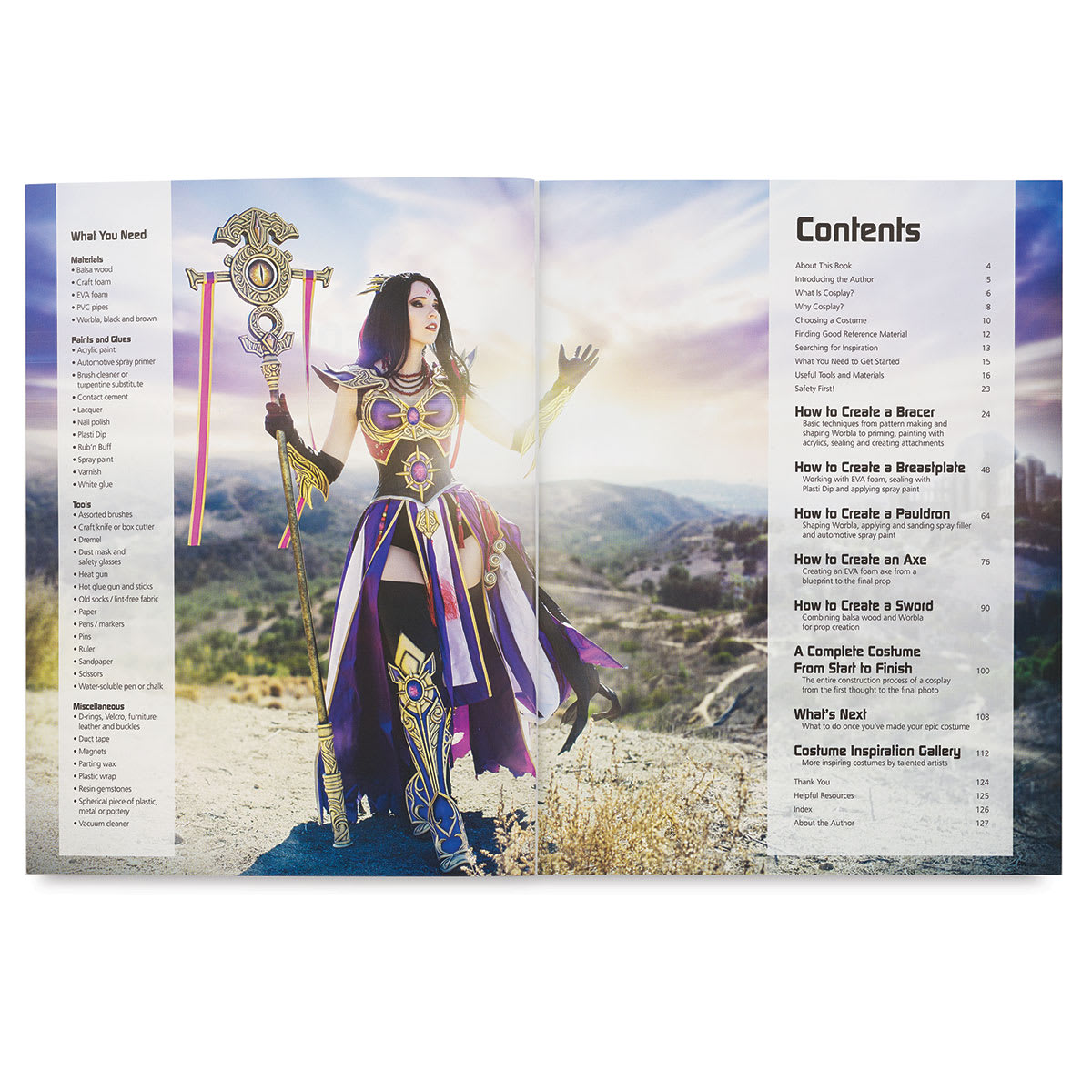 The Costume Making Guide - Inside spread listing Table of Contents and supplies you need
