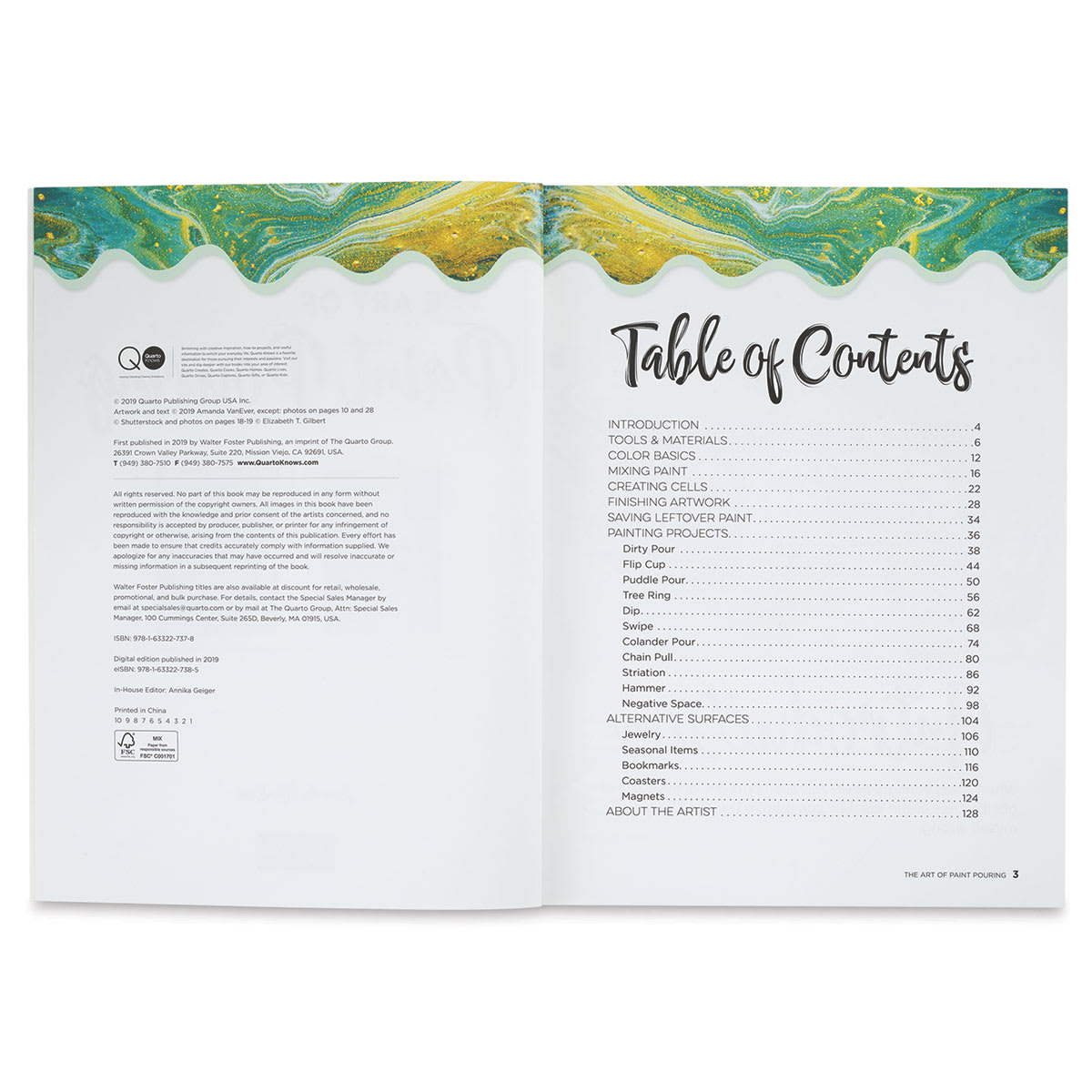 The Art of Paint Pouring - Inside spread of Table of Contents