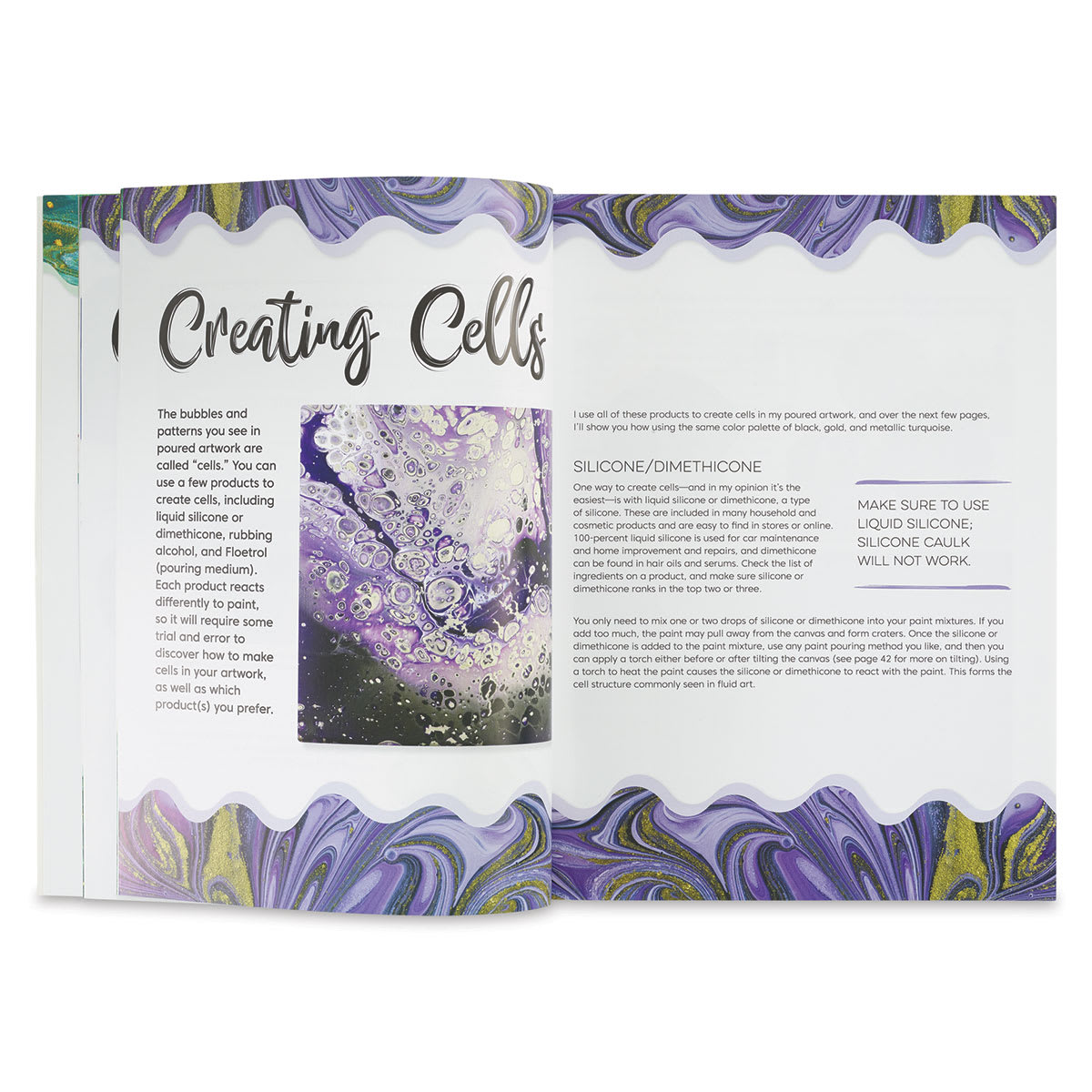 The Art of Paint Pouring - Inside spread of Creating Cells technique