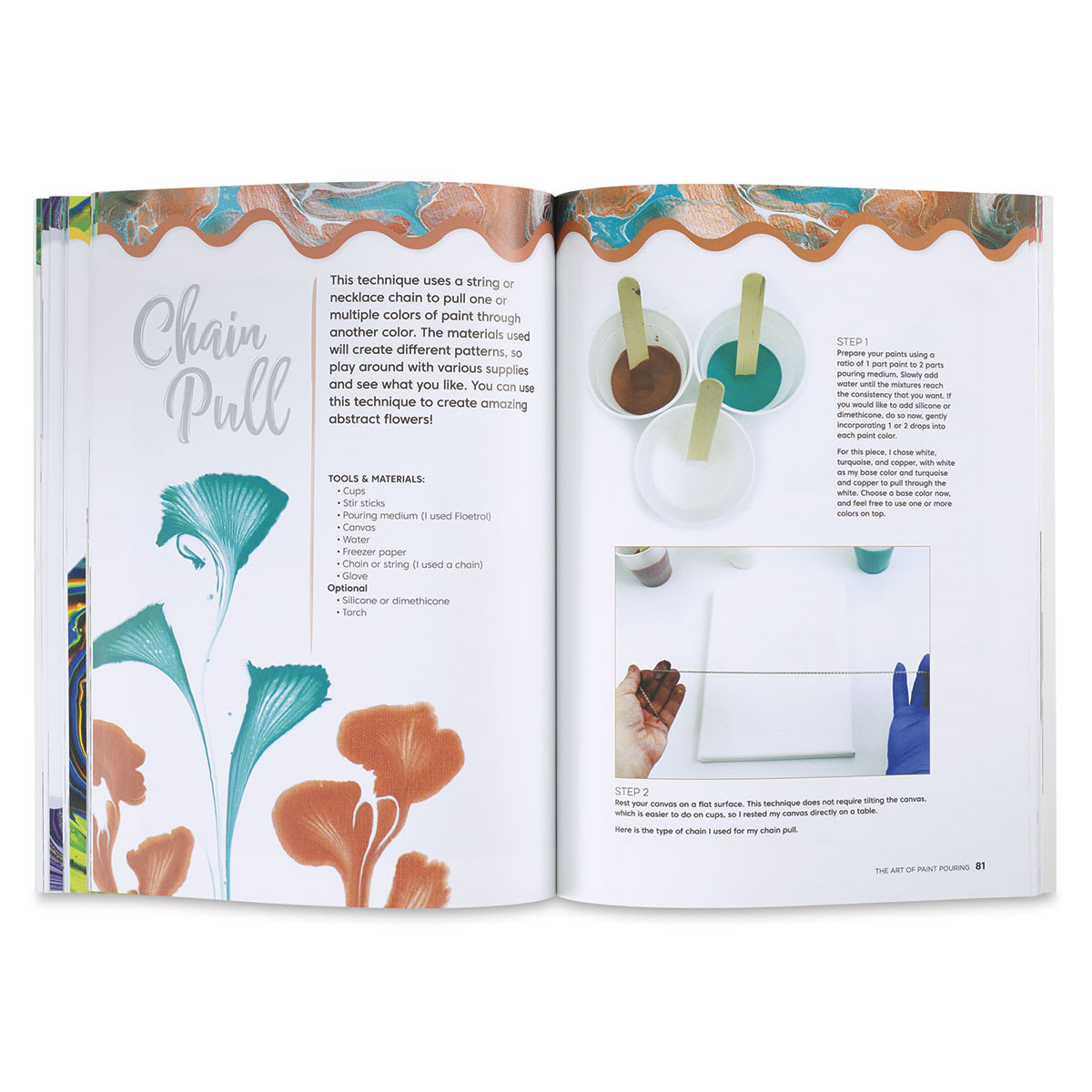 The Art of Paint Pouring - Inside spread showing Chain Pull technique