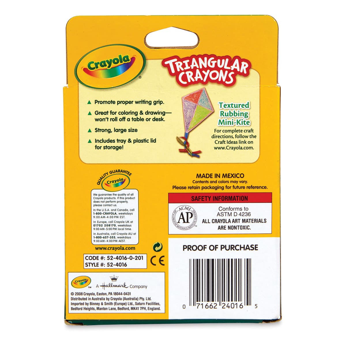 Crayola Triangular Crayons - Set of 16, back of the packaging