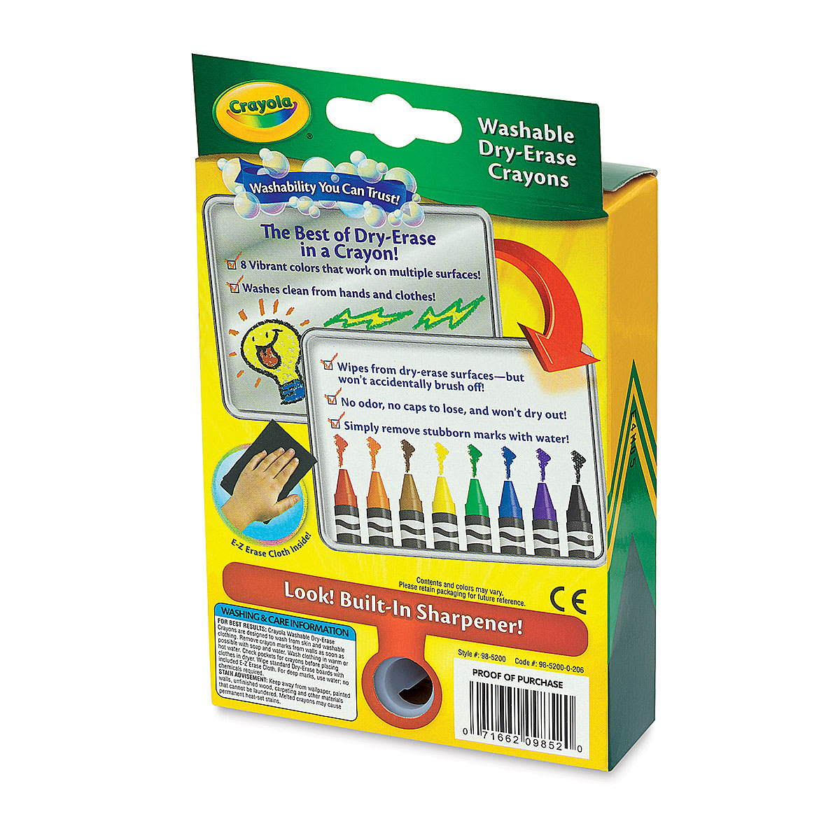 Crayola Washable Dry-Erase Crayons - Bright Colors, Set of 8, back of pack showing included sharpener