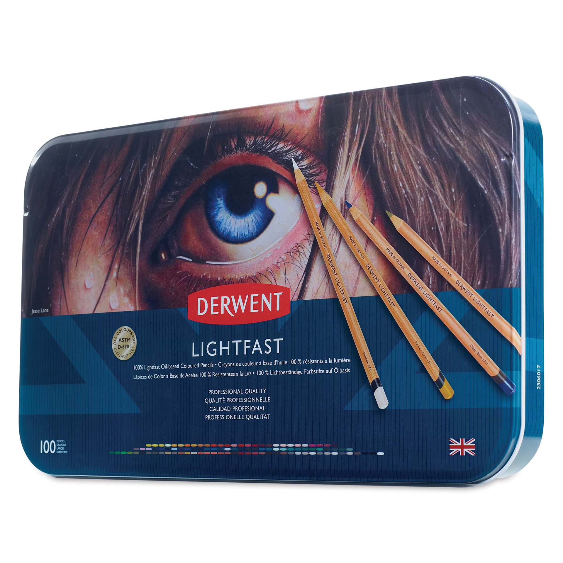 Derwent Lightfast Colored Pencils - Tin Box Set of 100 (front of metal box)