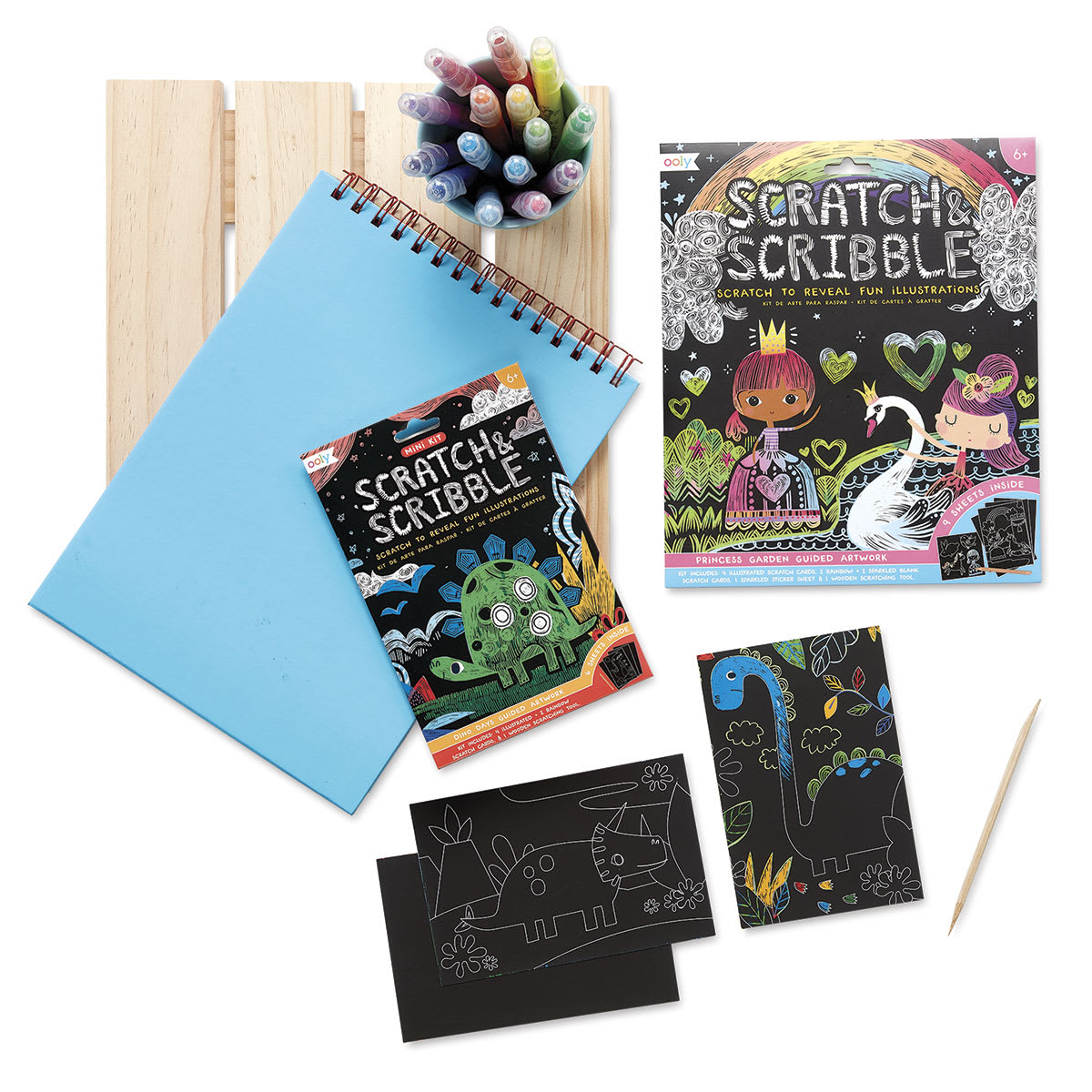Ooly Scratch and Scribble Mini Scratch Art Kit - Components and package of Dinosaur Days