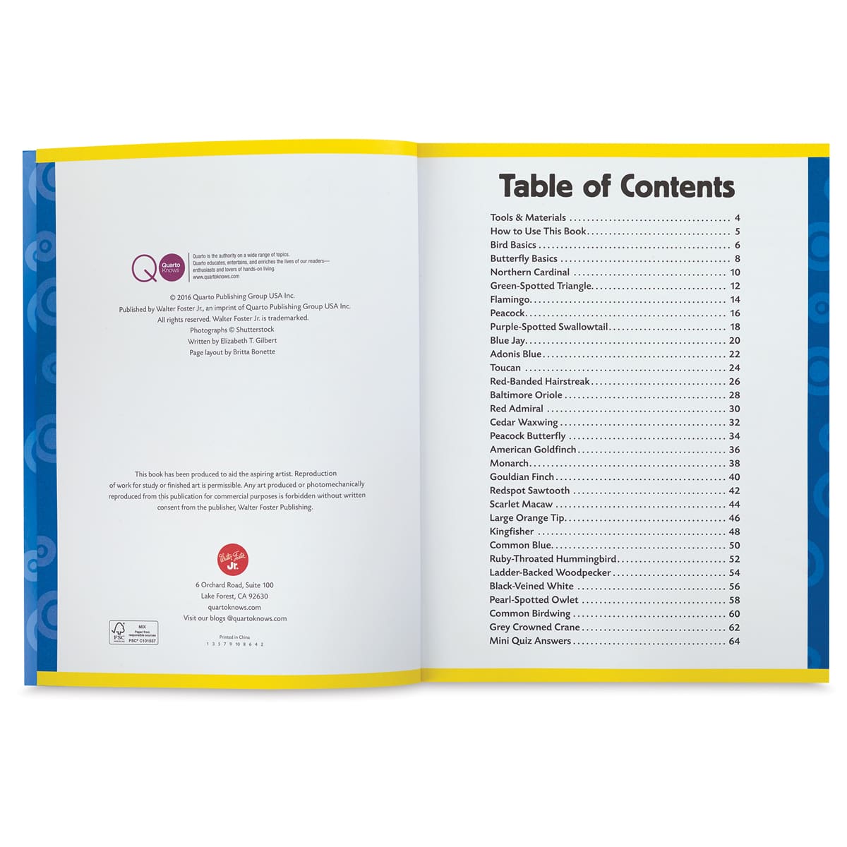 Learn to Draw Birds and Butterflies - Inside spread of Table of Contents