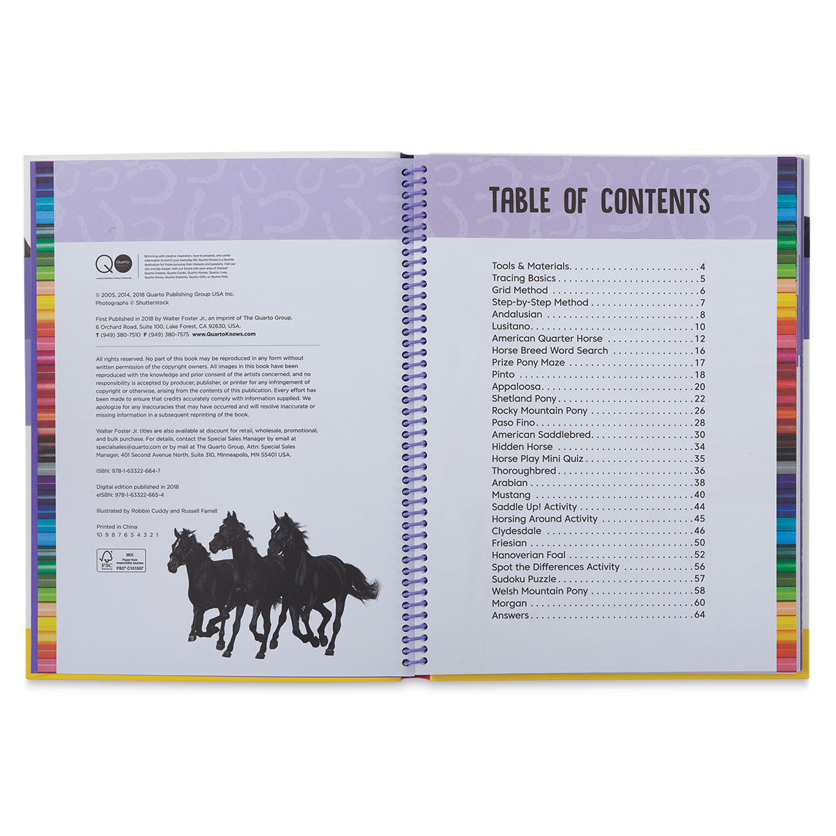 Horses & Ponies Drawing & Activity Book - Inside spread of Table of Contents