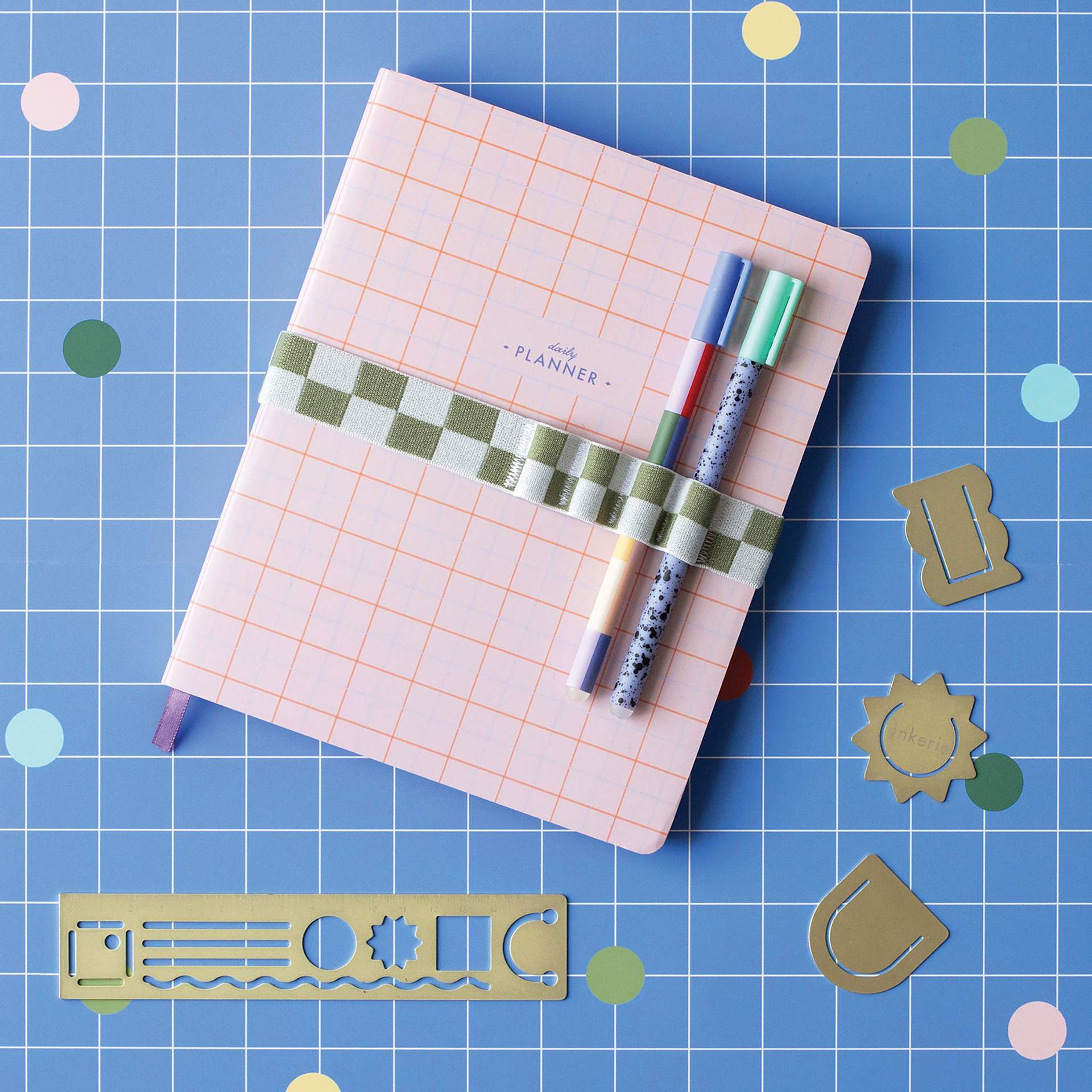 Kikkerland Inkerie Pen Holder Book Band - Green, on notebook