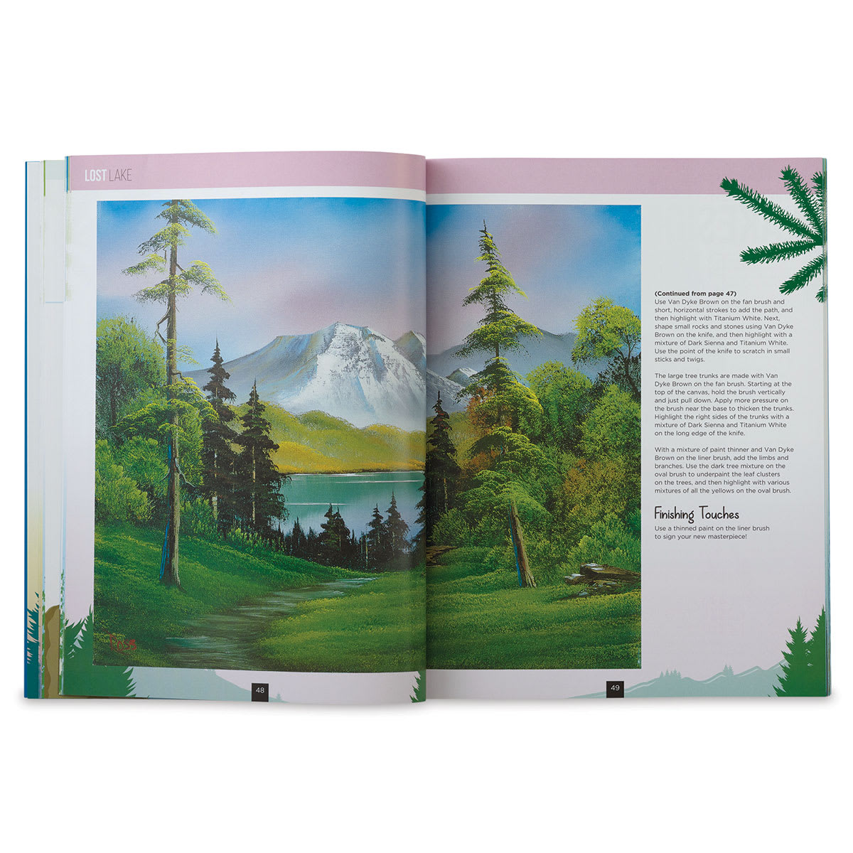 Painting with Bob Ross - Inside spread showing finished picture of mountain, lake and trees