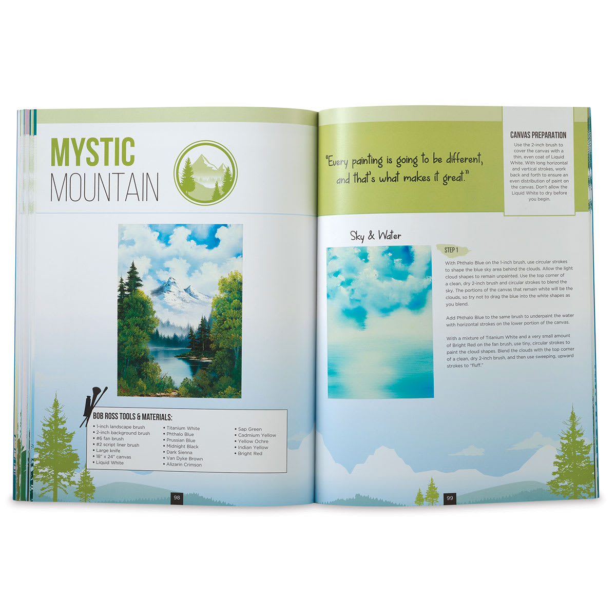 Painting with Bob Ross - Inside spread titled "Mystic Mountain"