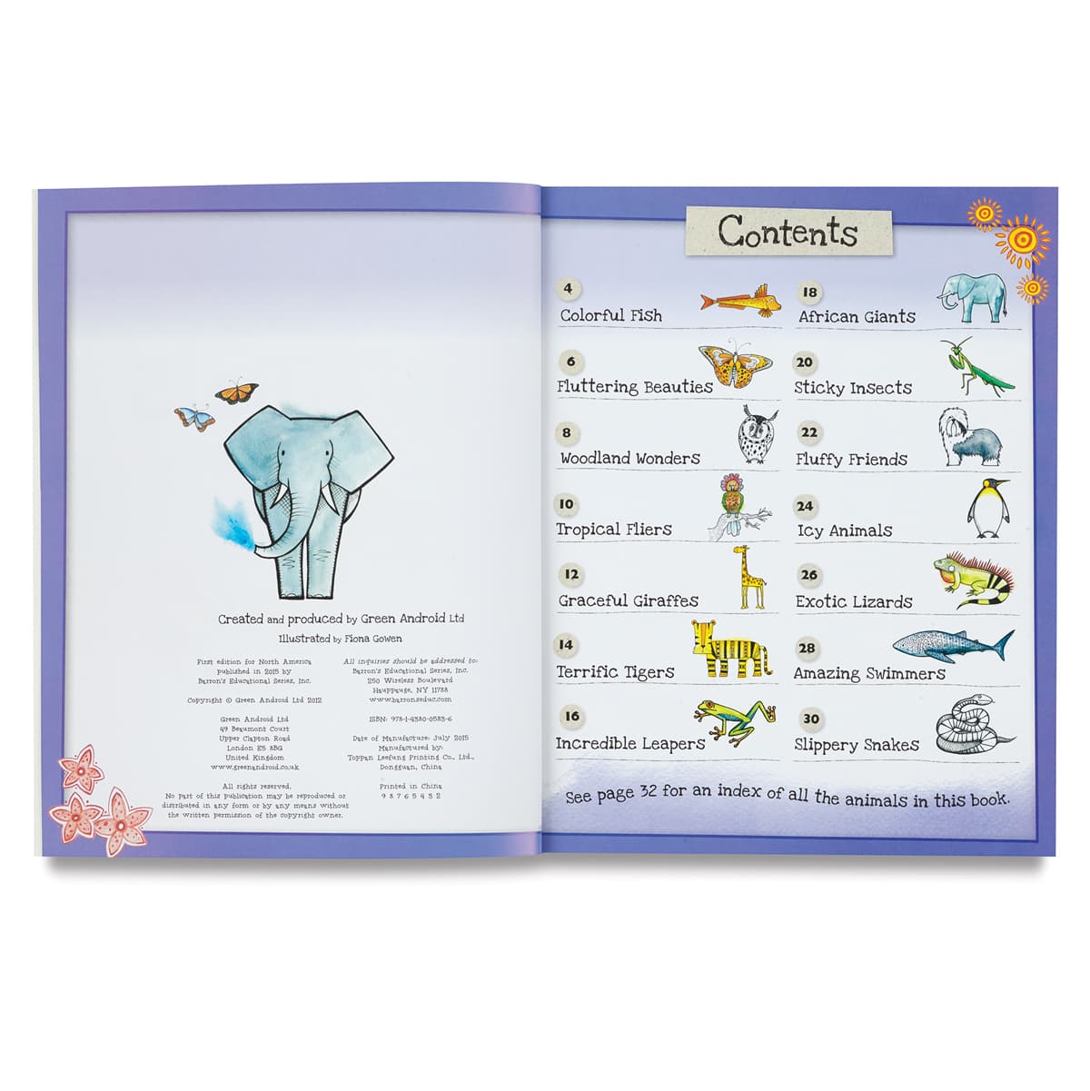 How to Draw Series - Inside spread of Animals book showing Table of Contents
