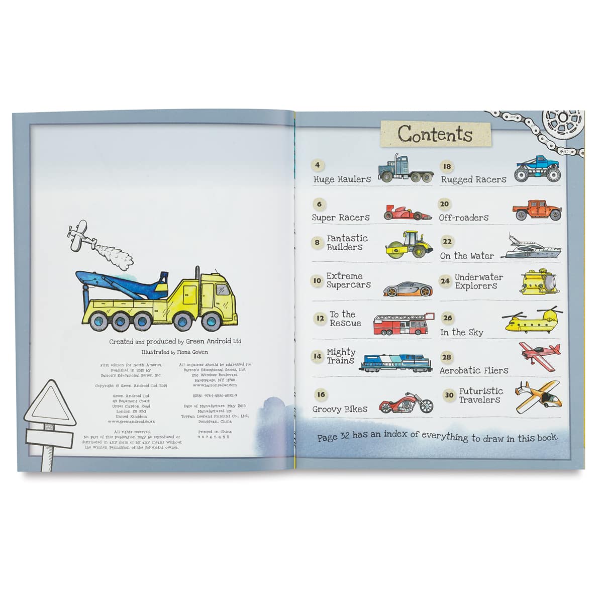 How to Draw Series - Inside spread of Vehicles book showing Table of Contents