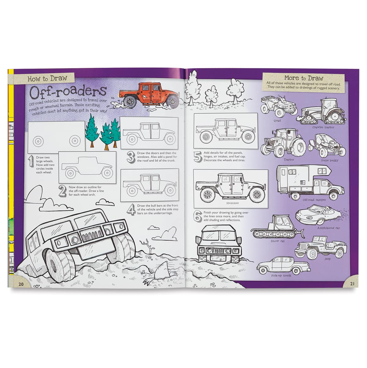 How to Draw Series - Inside spread of Vehicle Book showing how to draw Off-Roaders