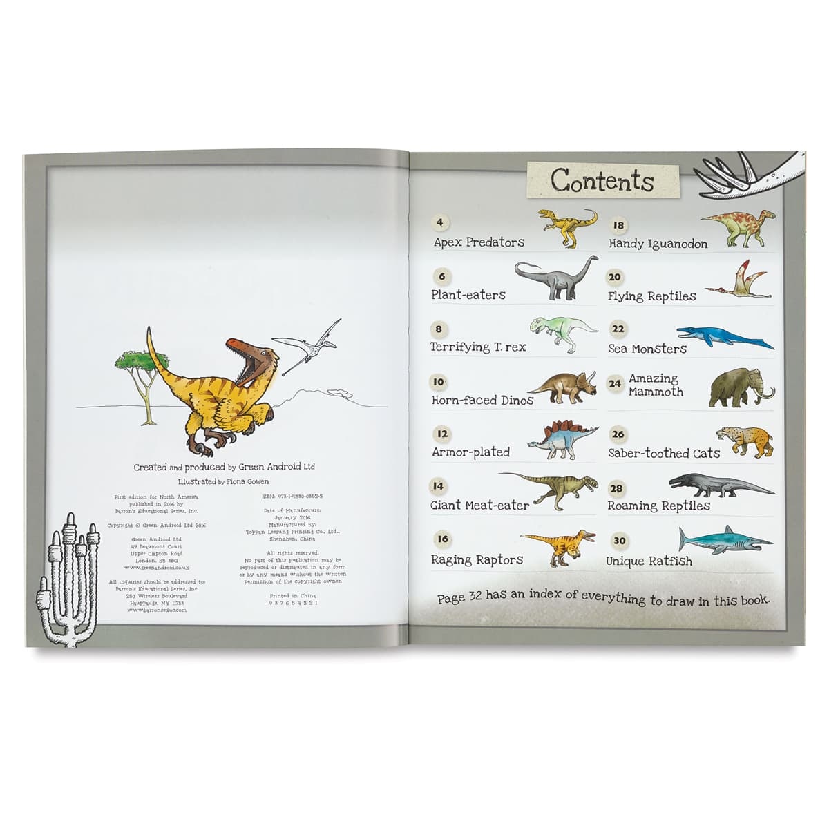 How to Draw Series - Inside spread of Dinosaurs book showing Table of Contents