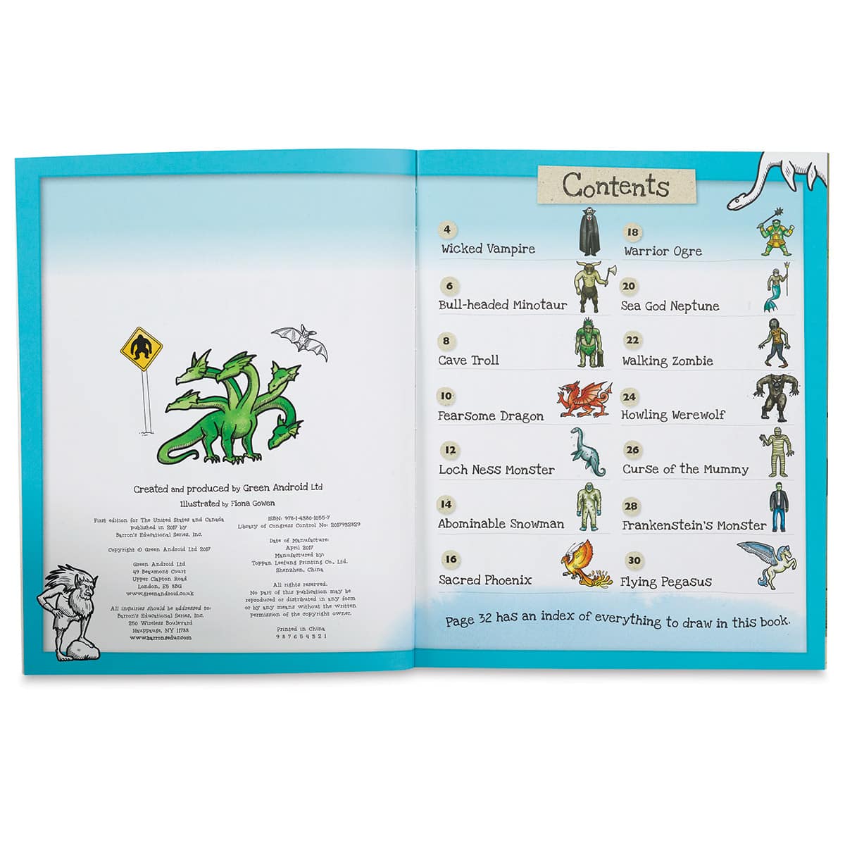 How to Draw Series - Inside spread of Monsters book showing Table of Contents