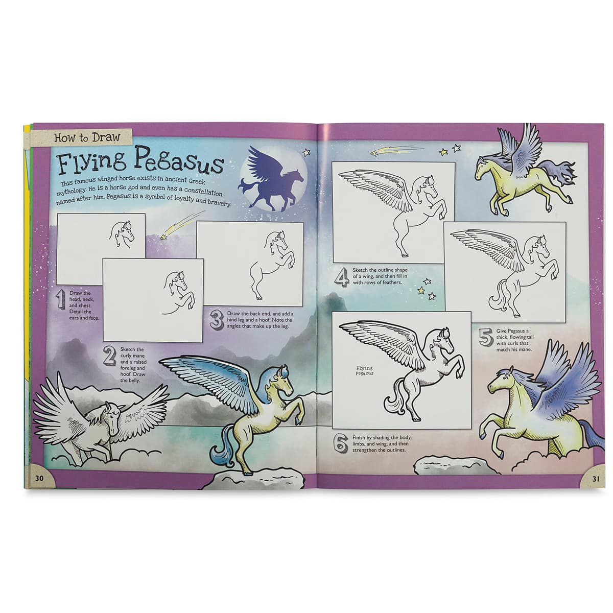 How to Draw Series - Inside spread of Monster Book showing how to draw a Flying Pegasus