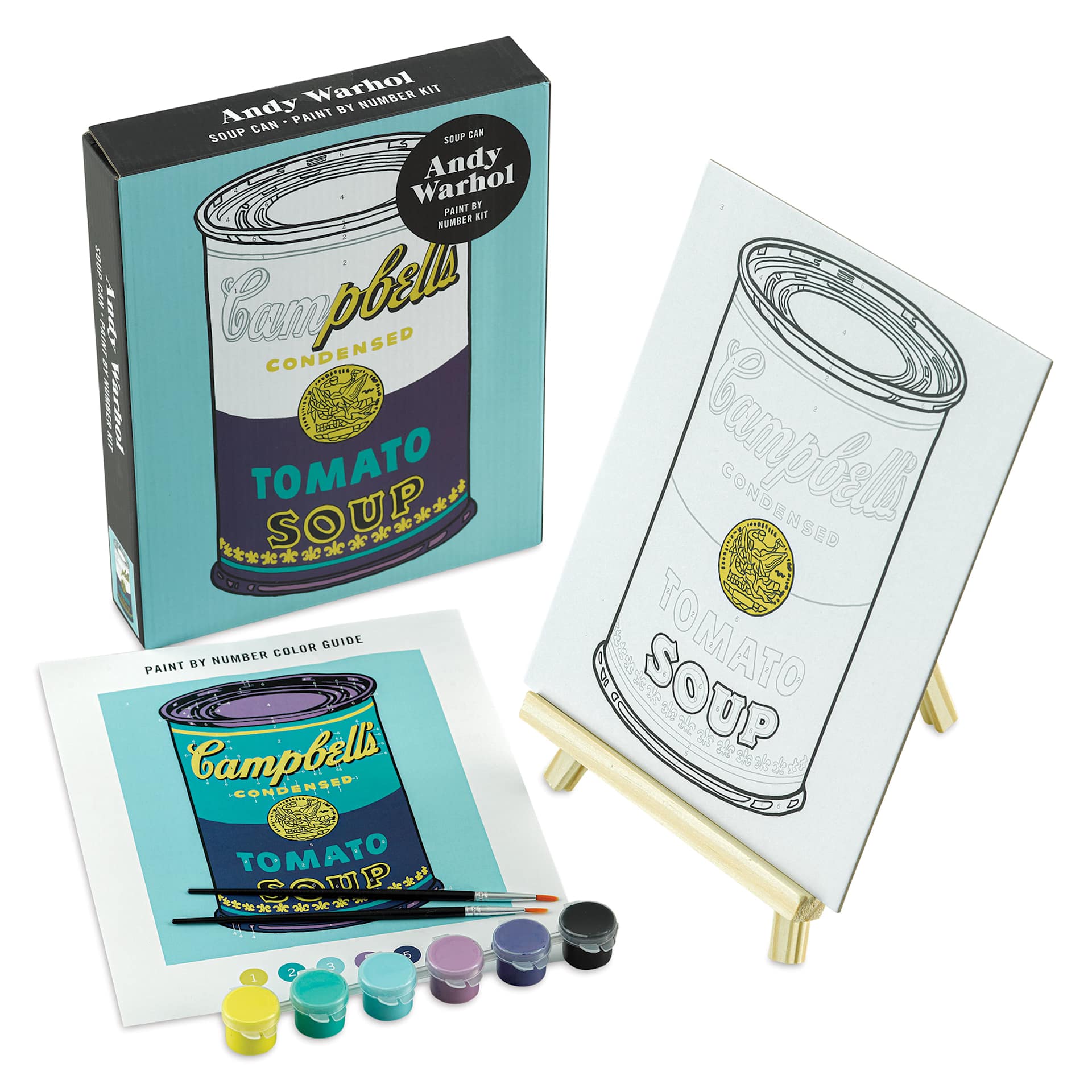 Andy Warhol Soup Can Paint By Number Kit (front of packaging with contents)
