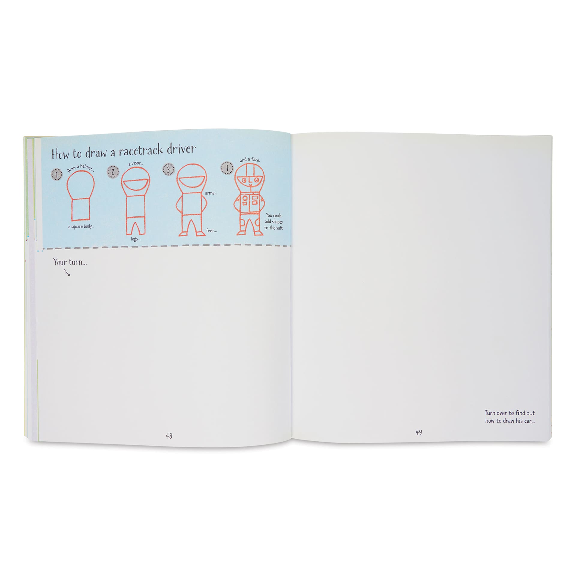 Usborne Step-by-Step Drawing Book, how to draw a racetrack driver
