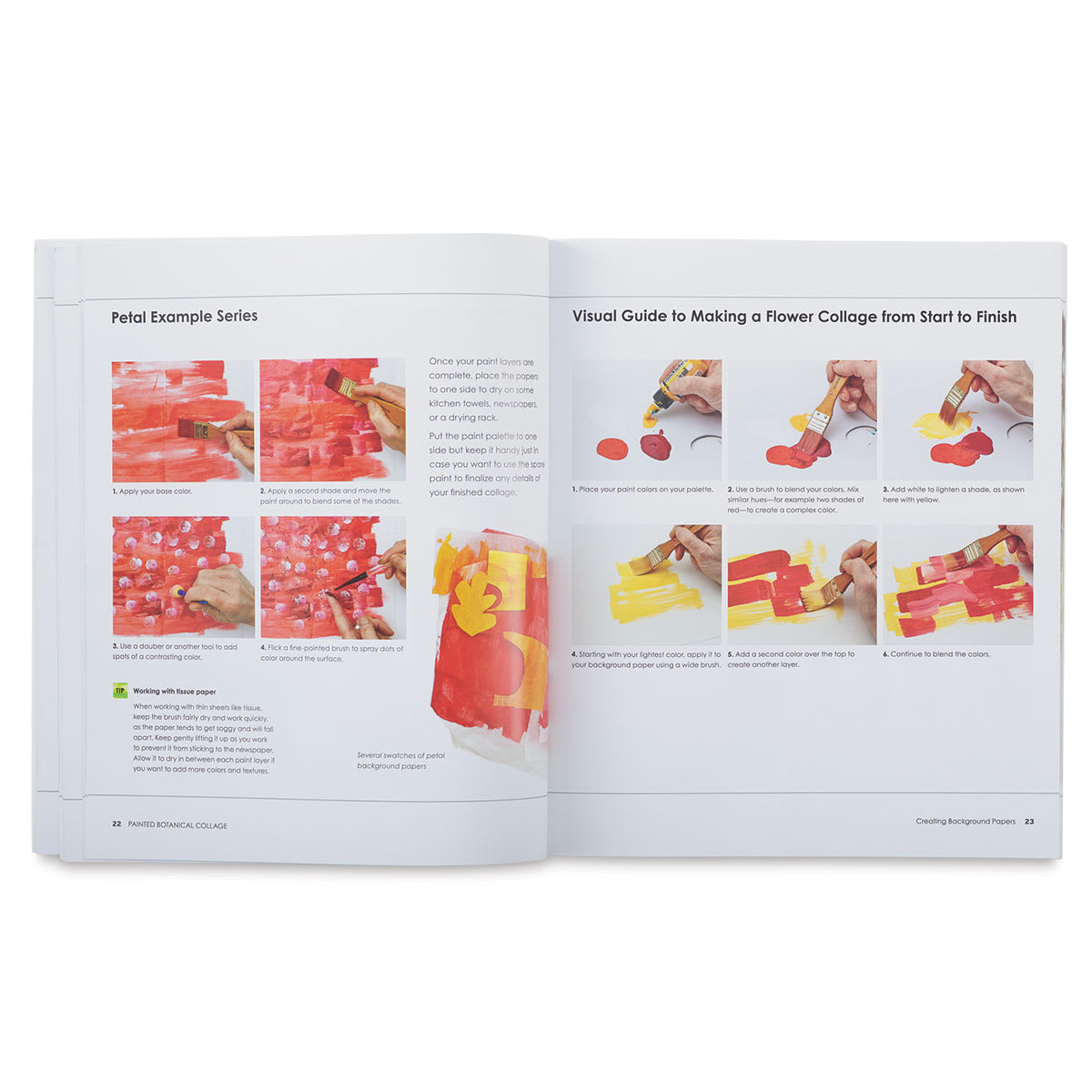 Painted Botanical Collage Book - inside pages showing instructions to make collage petals