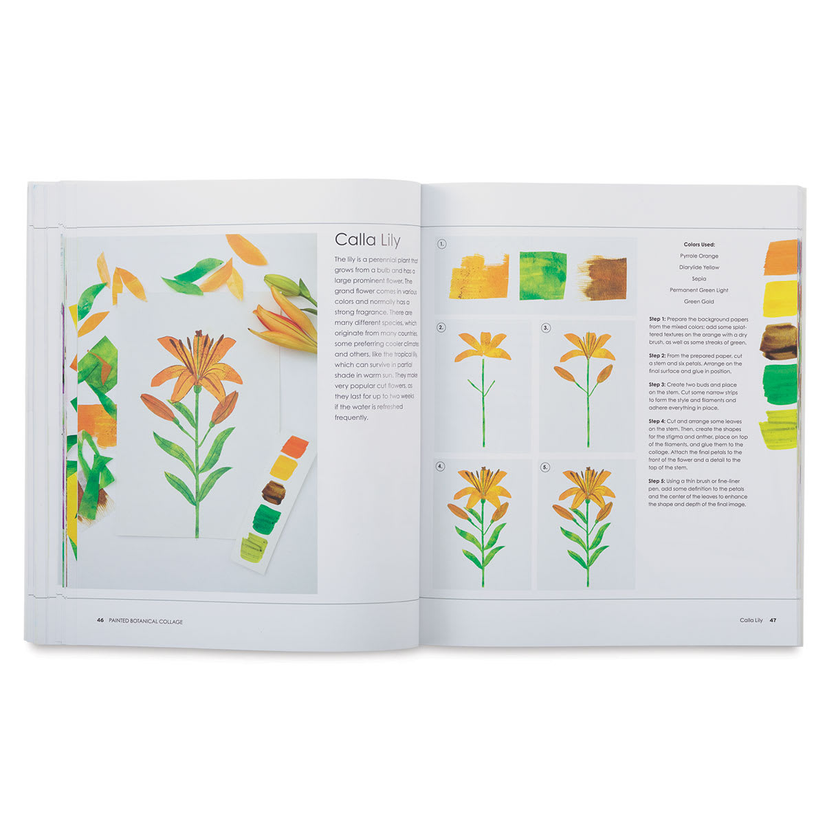 Painted Botanical Collage Book - inside pages showing instructions to make collage calla lily