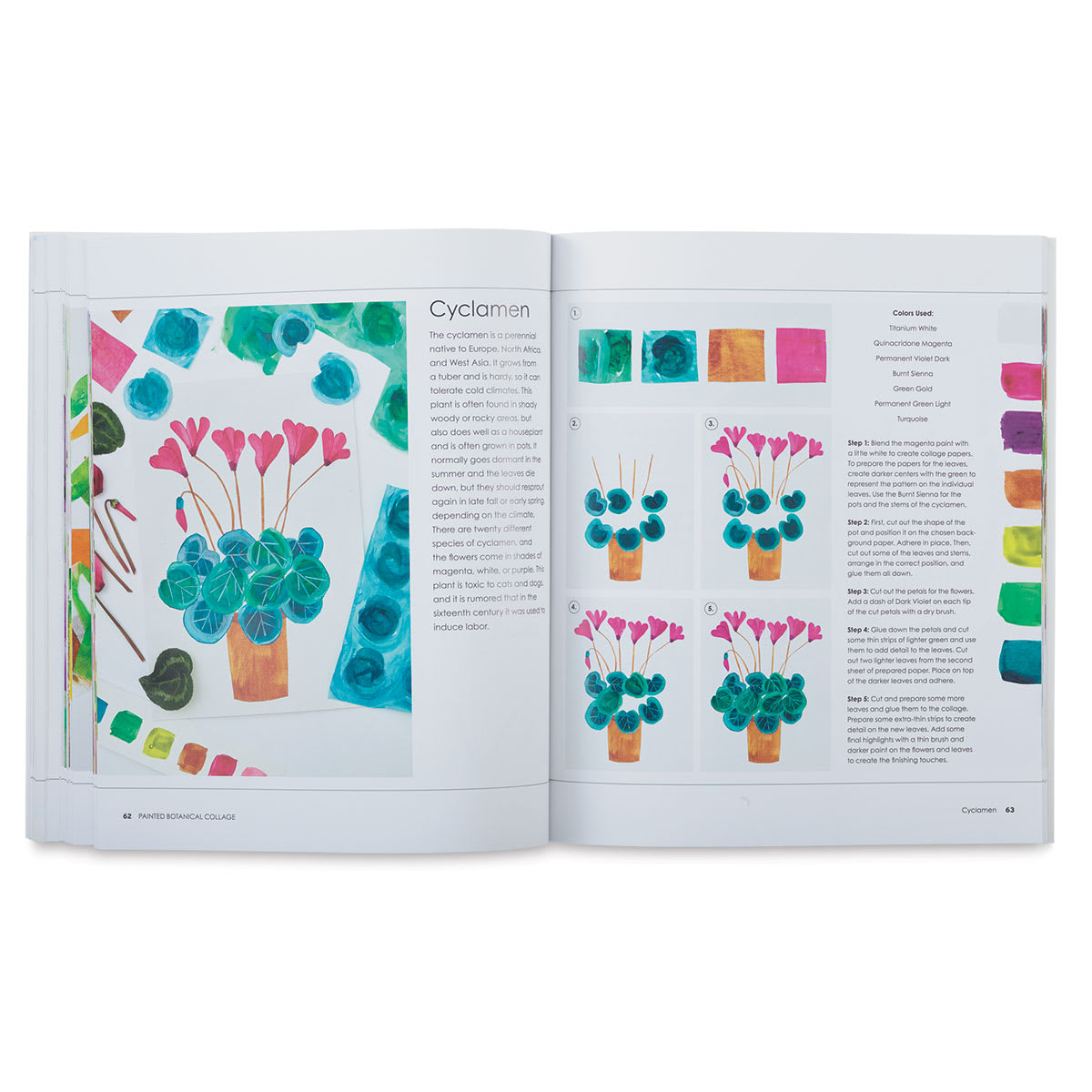Painted Botanical Collage Book - inside pages showing instructions to make collage cyclamen plant