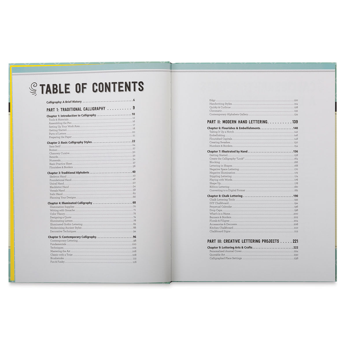 The Complete Book of Calligraphy & Lettering - Inside spread showing Table of Contents