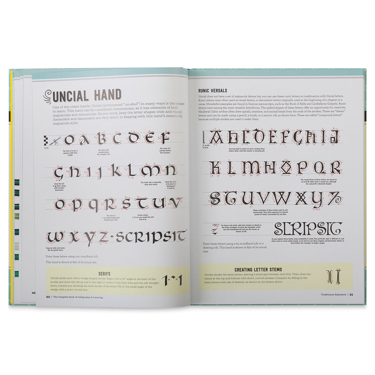 The Complete Book of Calligraphy & Lettering - Inside spread showing Uncial and Runic letters