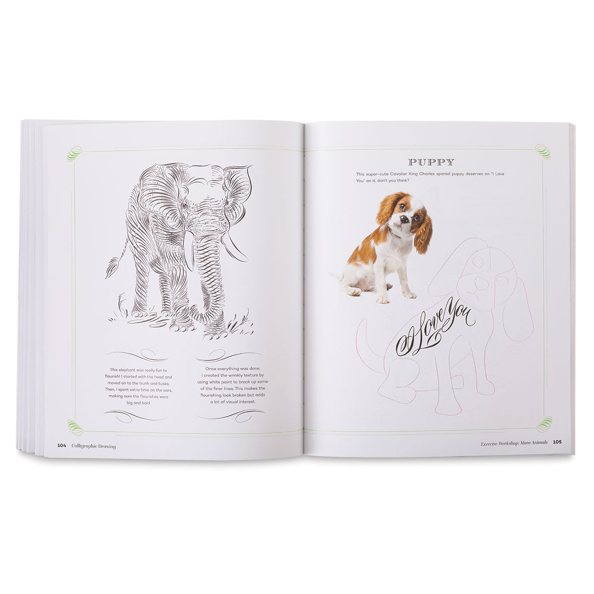 Calligraphic Drawing - Inside spread showing an Elephant and a Puppy
