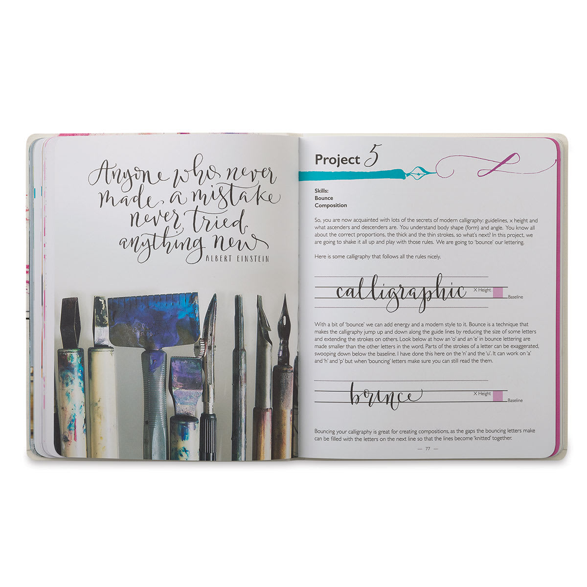 Secrets of Modern Calligraphy - Spread of Project 5, practicing Bounce
